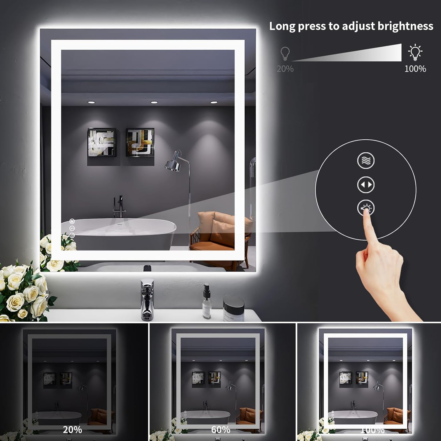 LOAAO Espejo de baño LED de 32 x 36 pulgadas con luces, antiniebla, regulable, retroiluminado + iluminado frontal, espejo de tocador de baño