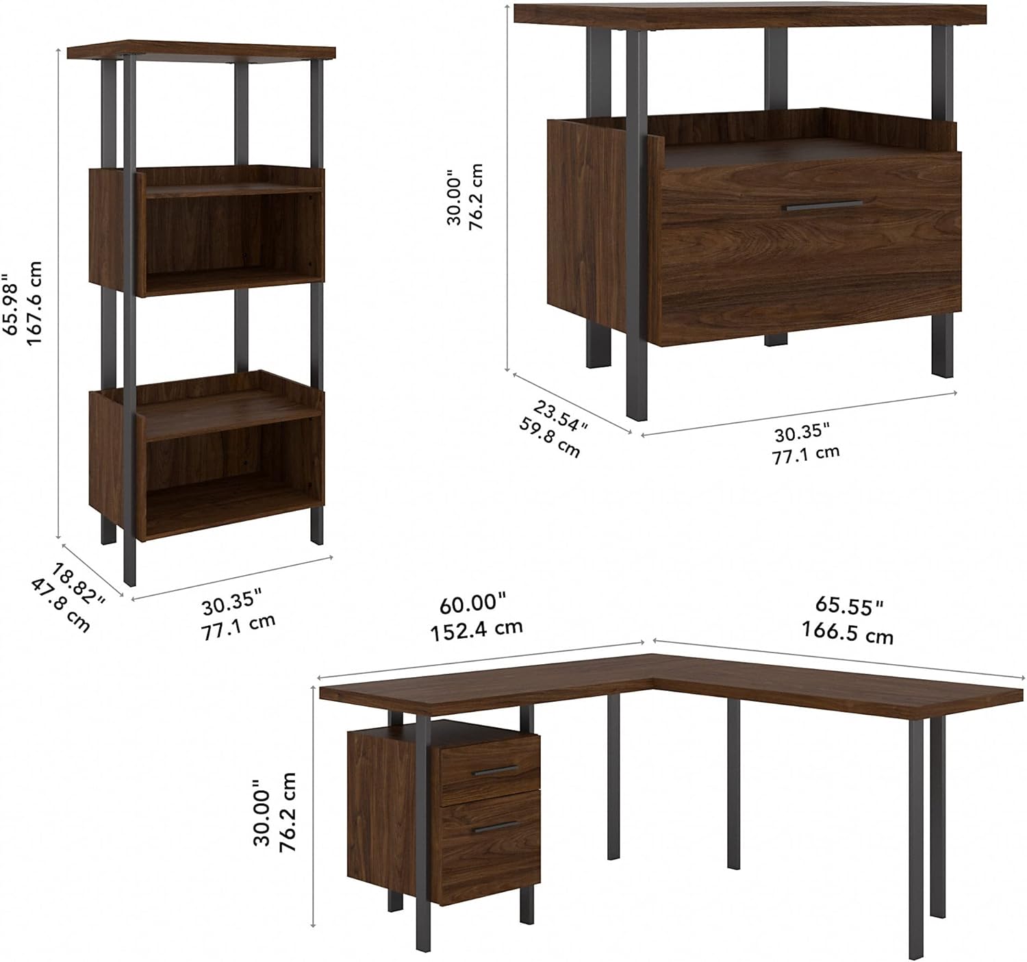 Bush Furniture Architect – Escritorio en forma de L con archivador lateral y estantería de 4 estantes, 60 W, nogal moderno