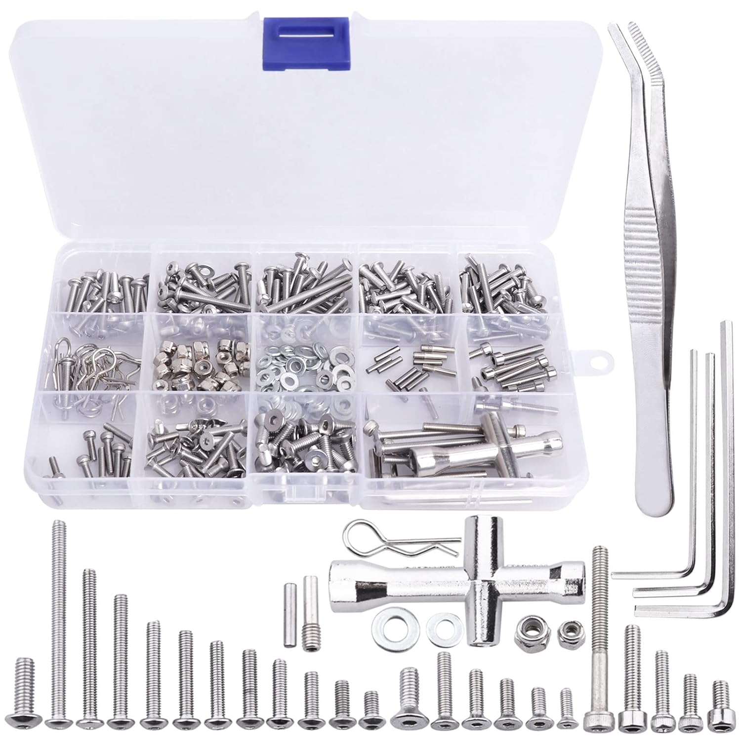 Kit de tornillos RC M2.5 M3 M4, arandelas, tuercas de bloqueo, clips de cuerpo, pasadores de rueda, llave cruzada, cierre de hardware para 110