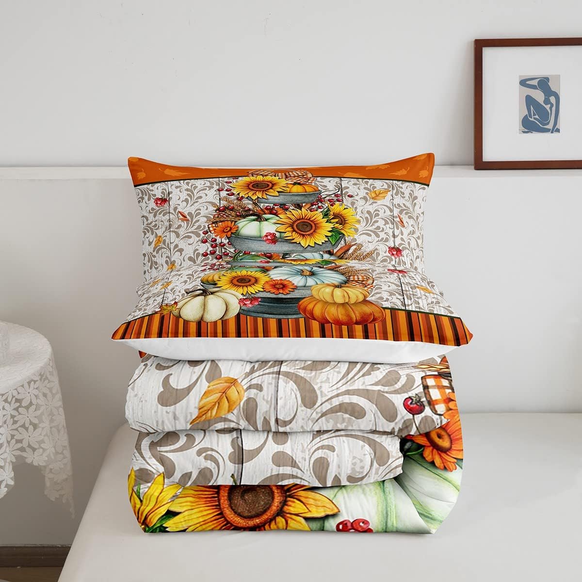 Juego de edredón de calabazas de otoño, tamaño Queen, girasoles y hojas de arce, juego de ropa de cama para el día de Acción de Gracias, decoración
