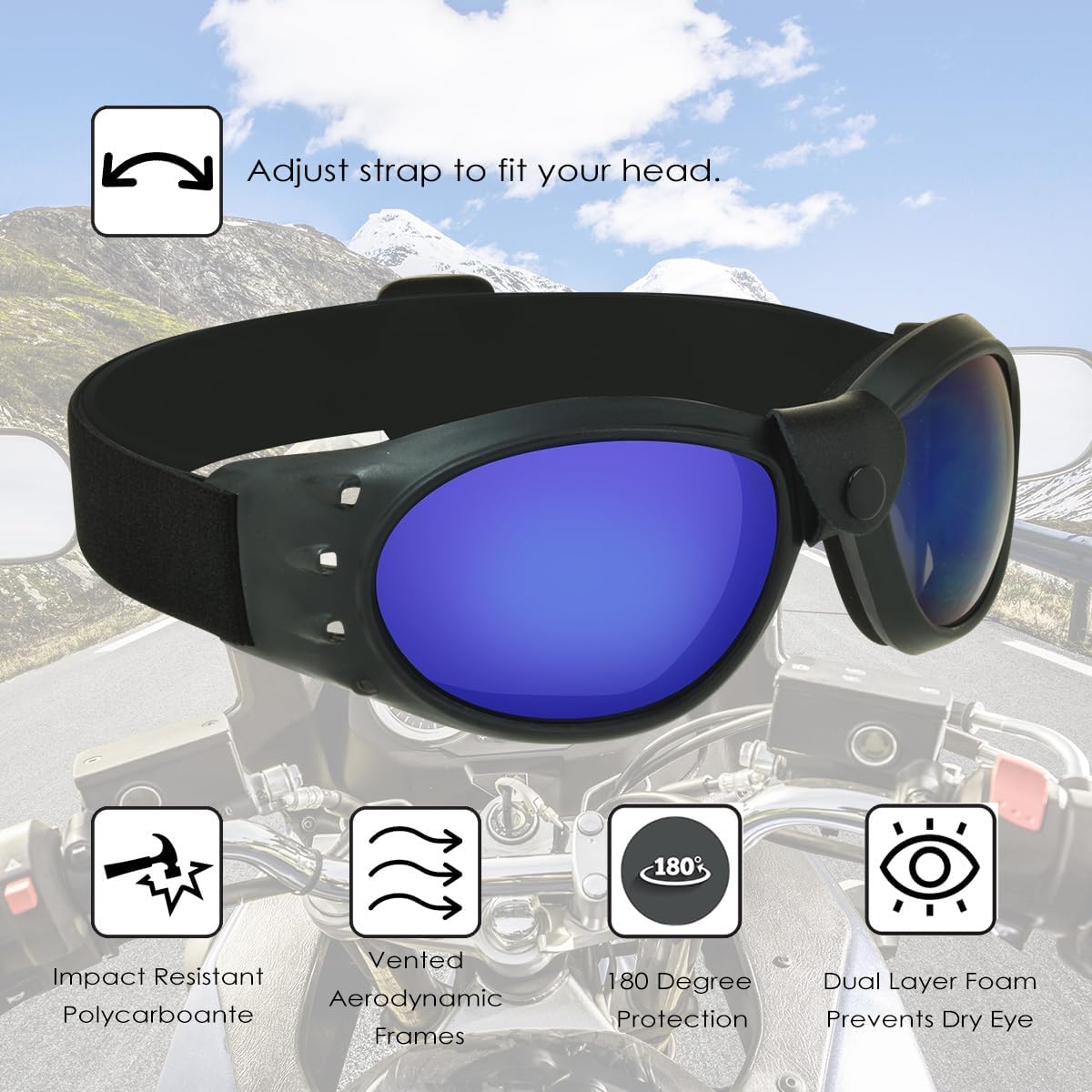 Bikershades Gafas de seguridad para motocicleta con acolchado de espuma para hombres y mujeres, gran cobertura con funda de microfibra grande