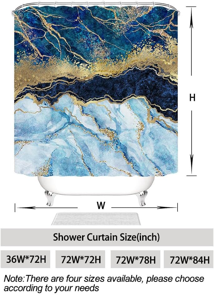 Cortina de ducha de mármol, juego de cortina de ducha de mármol azul, abstracto de lujo azul dorado con textura de vetas de mármol para baño, tela