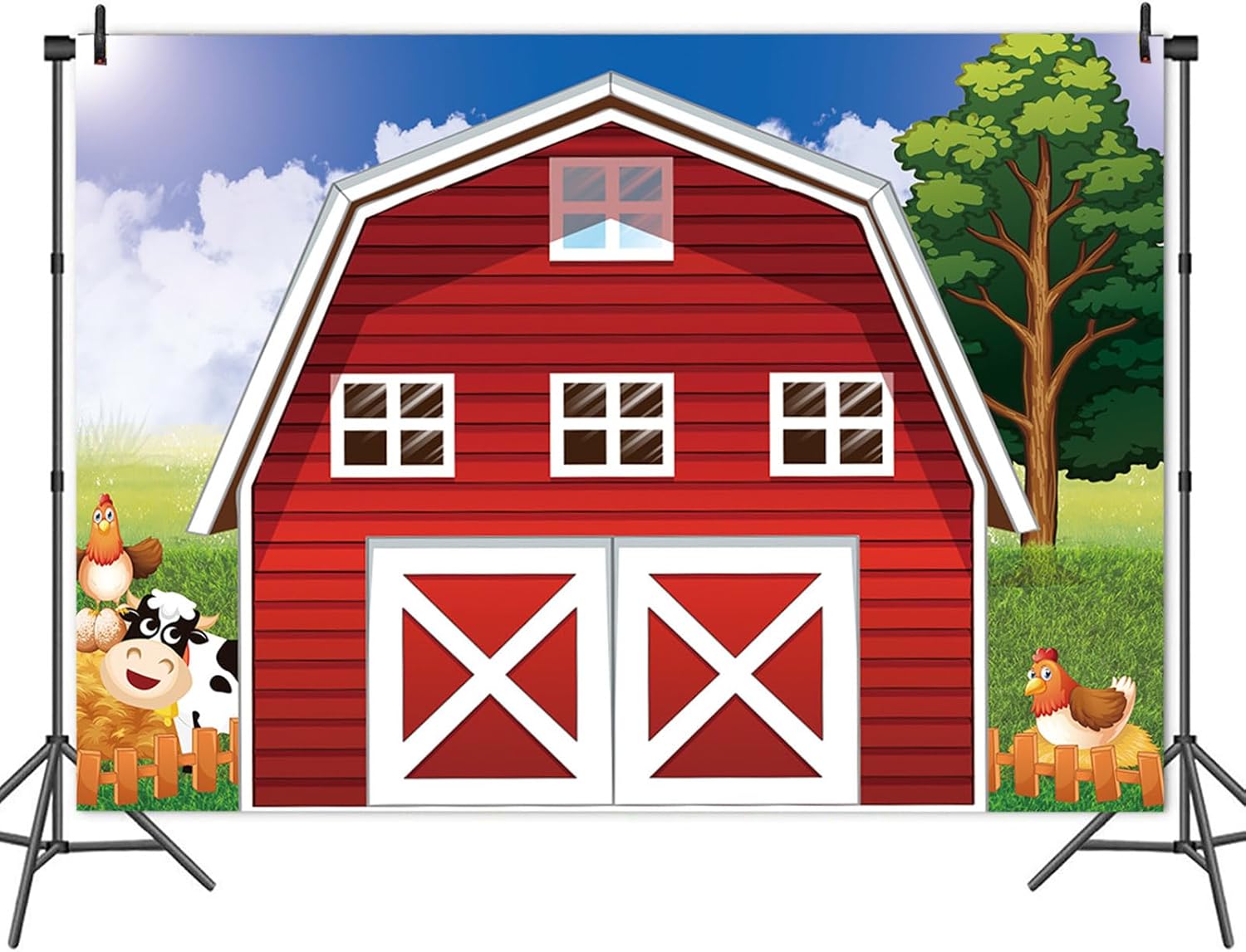 Fondo de fotografía de dibujos animados de animales de granja de animales, fondo de fotos rústico rojo para baby shower, niños recién nacidos,