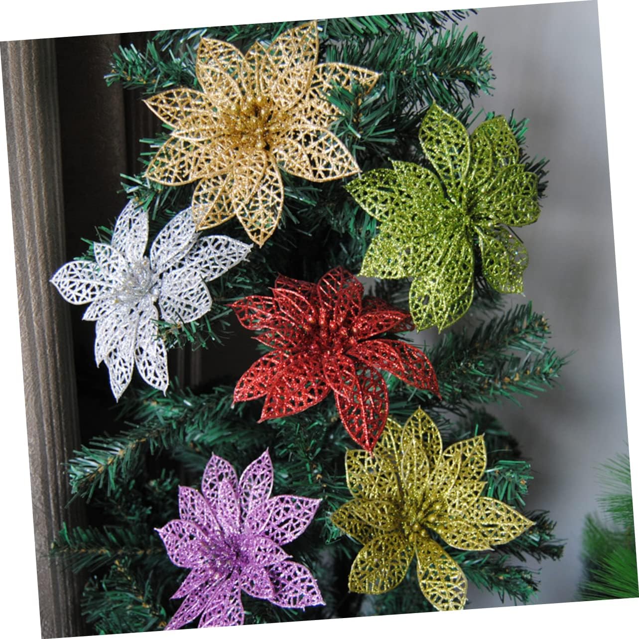 Amosfun 10pcs Guirnaldas para Hollow Christmas Flowers Artificial Flowers Green Poinsettia Blue Dusting Sticky Powder Wreath Hollow Flower Christmas