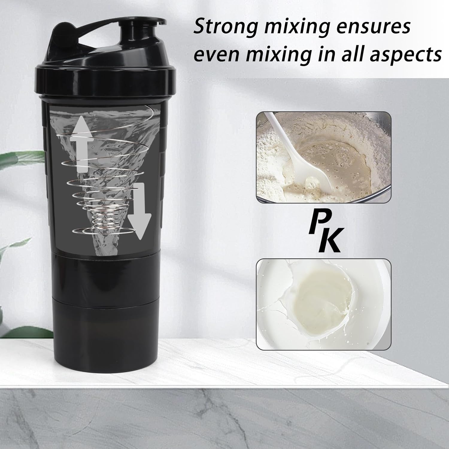 Shaker Bottle – Vaso agitador de proteínas con compartimentos de almacenamiento – Botellas de entrenamiento a prueba de fugas con mezclador para una