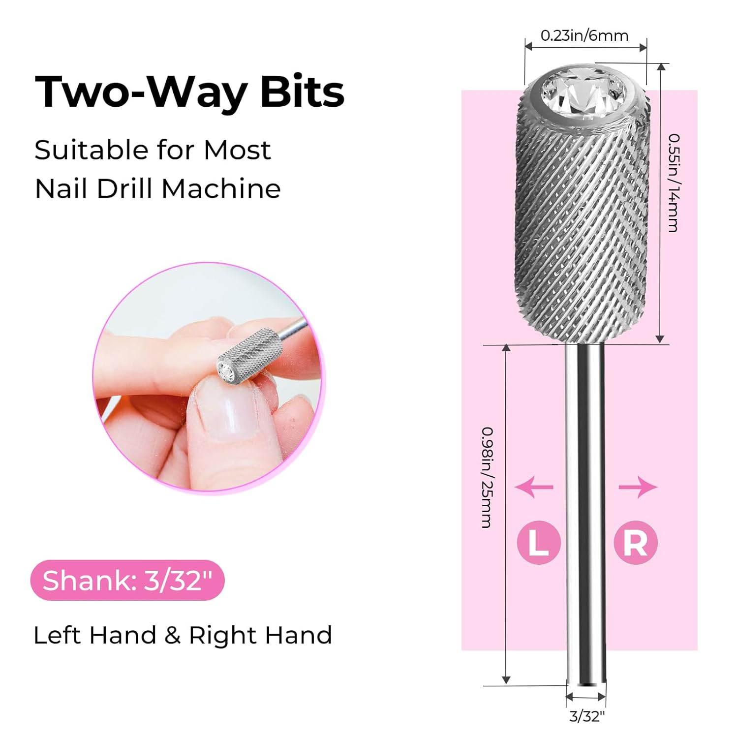 Lavinda Brocas de uñas con parte superior de cristal, brocas de carburo de barril grande de 332 pulgadas, adecuadas para manicura, pedicura,