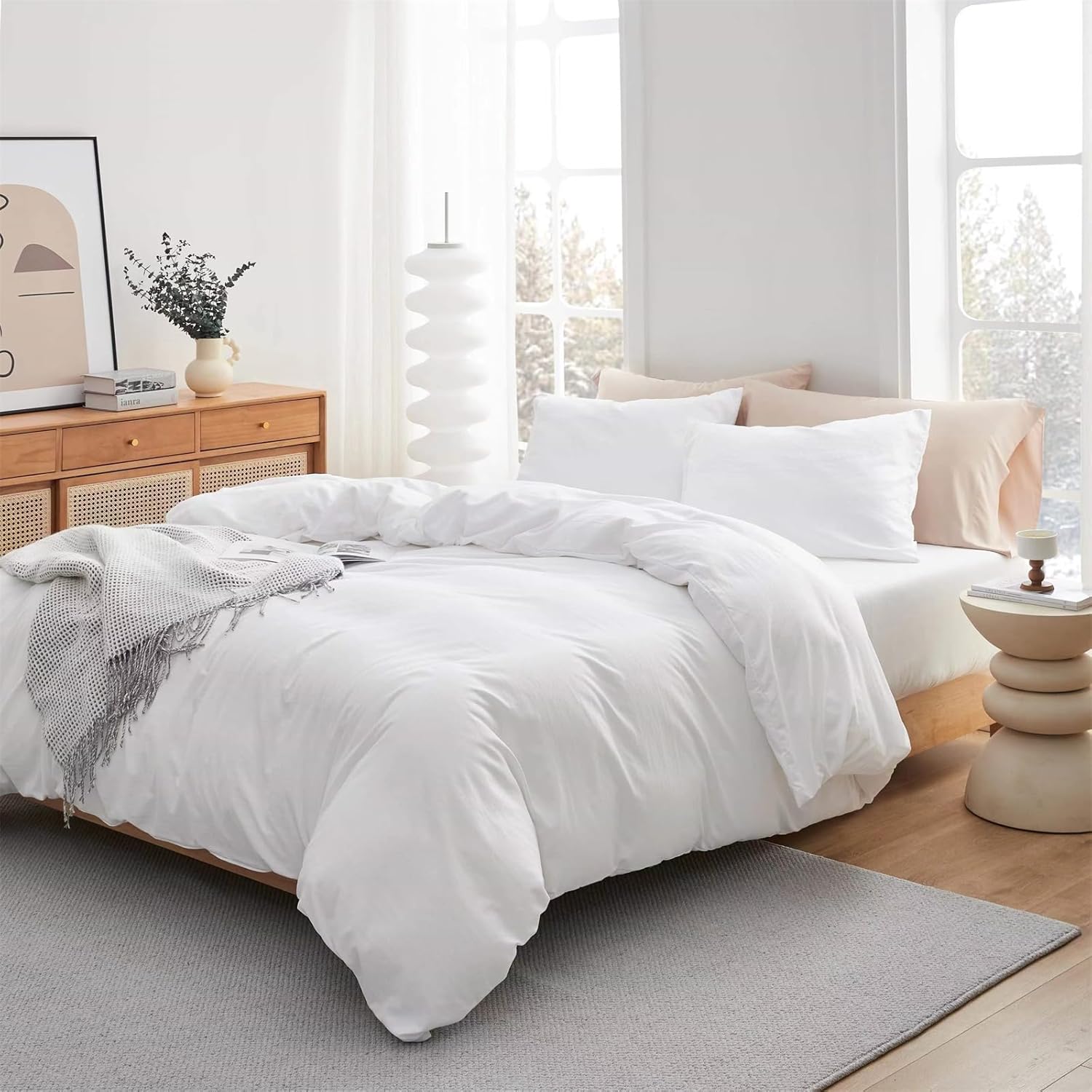 yundo Juego de ropa de cama de microfibra ultrasuave (tamaño matrimonial, blanco), 3 piezas, 80 x 90 pulgadas con 2 fundas de almohada