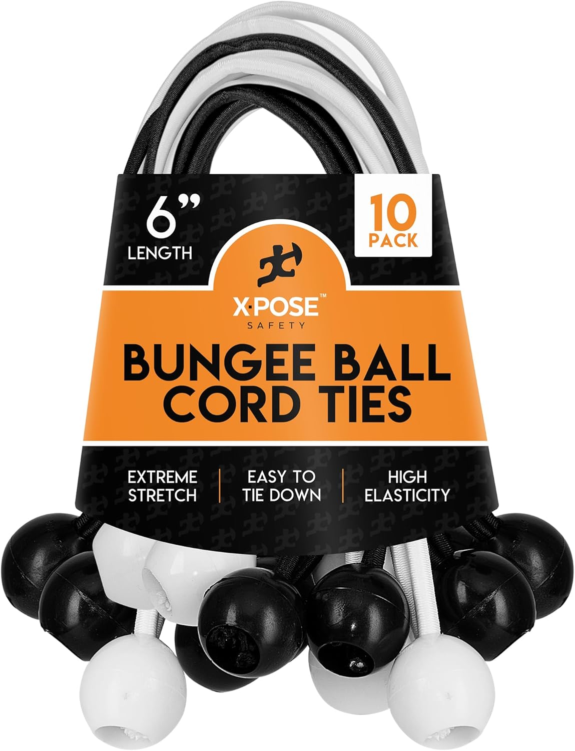 Xpose Safety Cuerdas elásticas de bolas de 6 pulgadas, paquete de 10 cuerdas elásticas resistentes de colores surtidos en blanco y negro con lazos