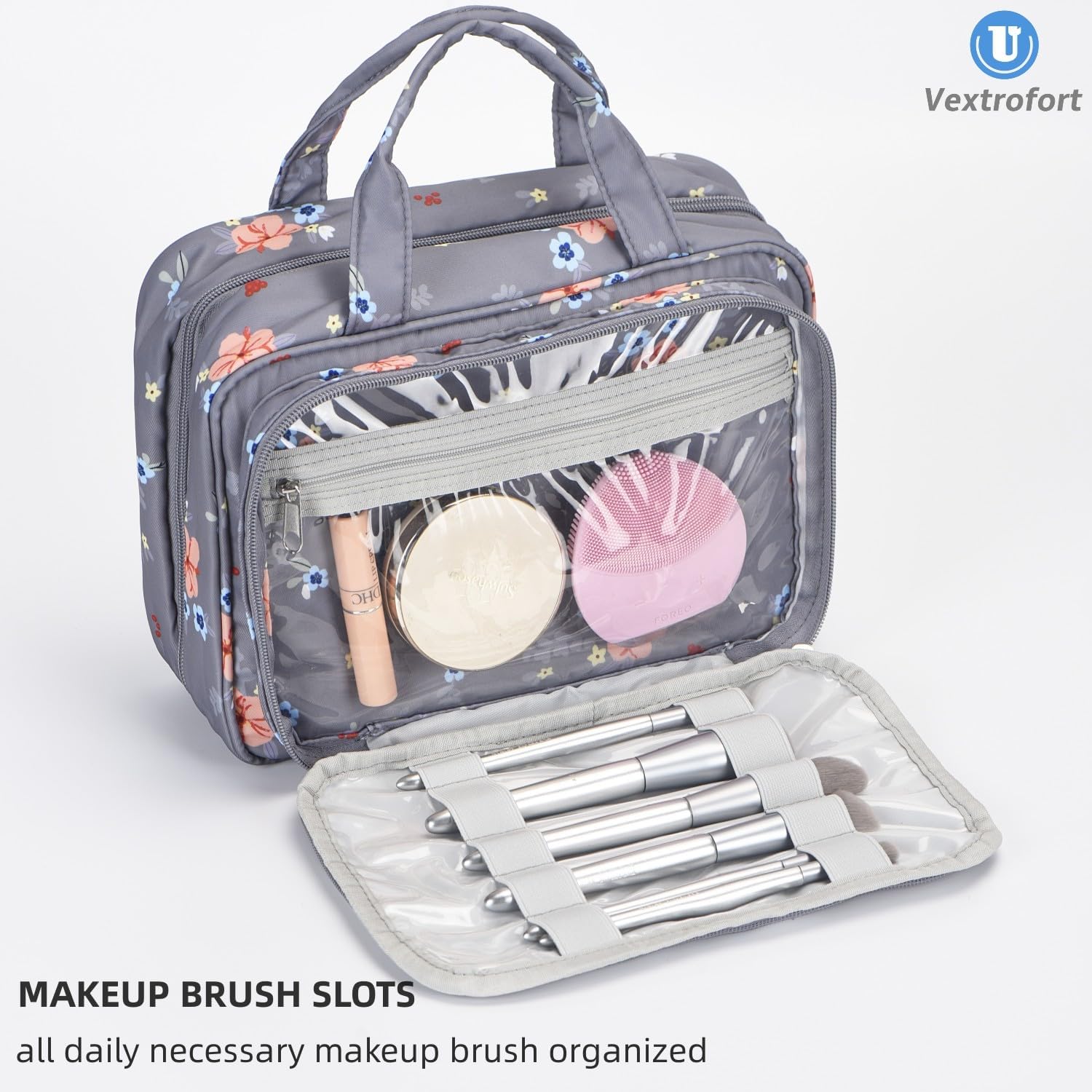 Neceser para mujer, bolsa de maquillaje de viaje colgante grande, resistente al agua para artículos de tocador, cosméticos, cepillos, Flor gris-V2,