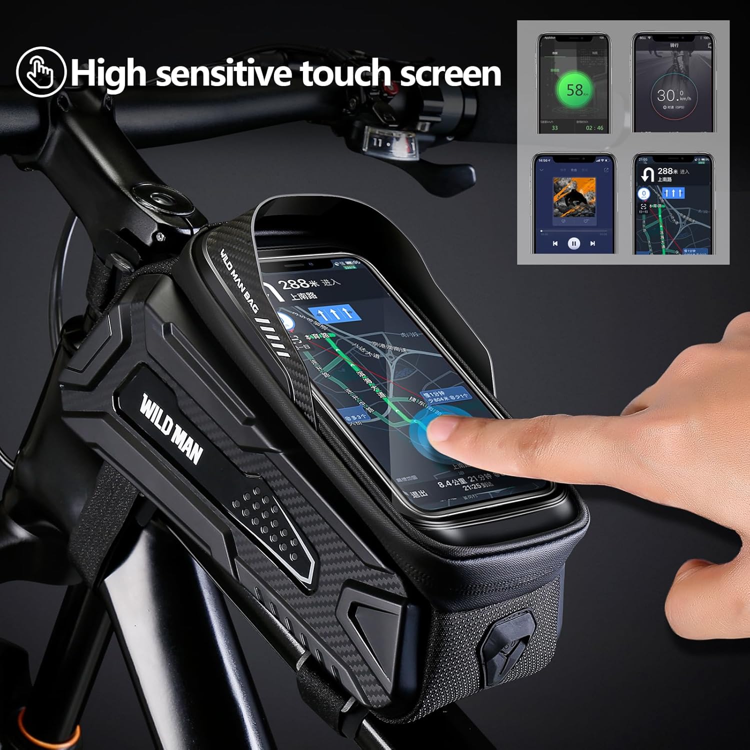 WILD MAN Bolsa de bicicleta Bolsa de teléfono para bicicleta Bolsa de EVA impermeable para marco frontal Bolsa de tubo superior para manillar Bolsa