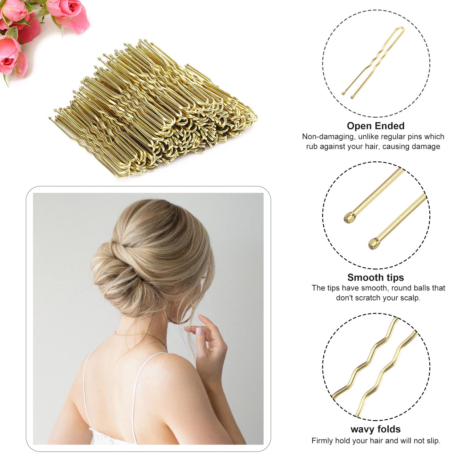BEoffer Horquillas para el cabello en forma de U, 200 unidades de horquillas onduladas para mujeres y niñas con caja para peinados franceses, pinzas