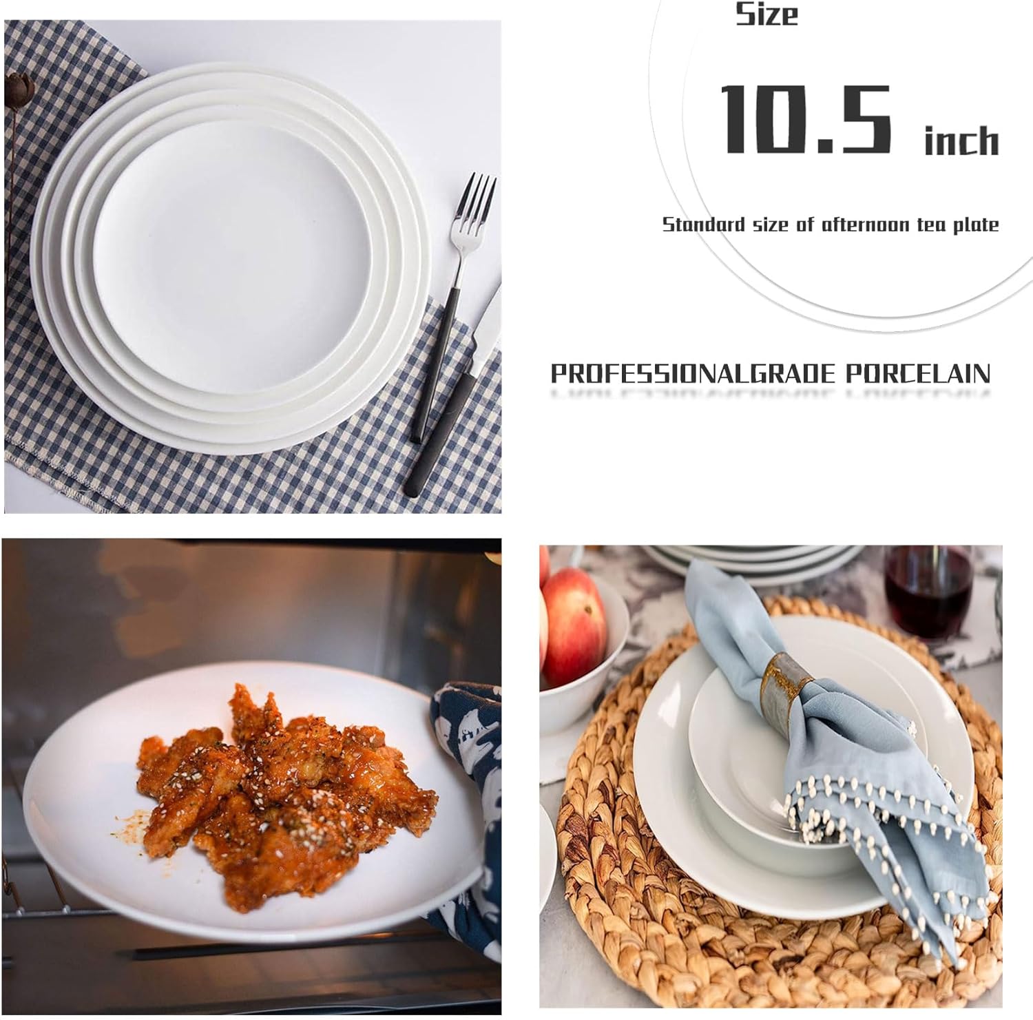 Tienda – Juego de platos llanos blancos de 6 piezas, triple capa resistente al vidrio y al astillado, platos redondos ligeros, plato de postre,