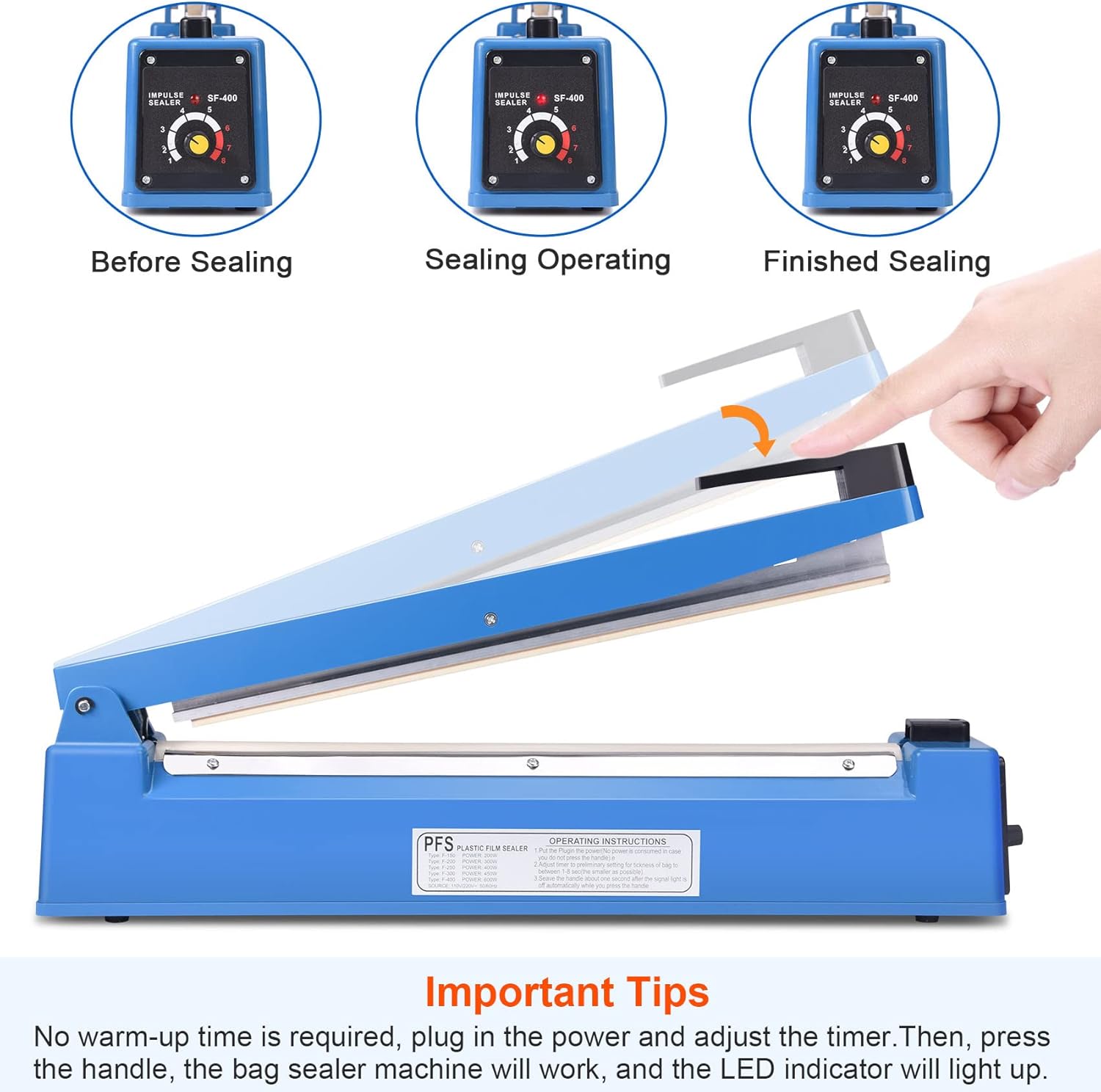 Sellador de bolsas de impulso de 16 pulgadas, máquina selladora manual de bolsas de polietileno con temporizador ajustable y cierre térmico con 50