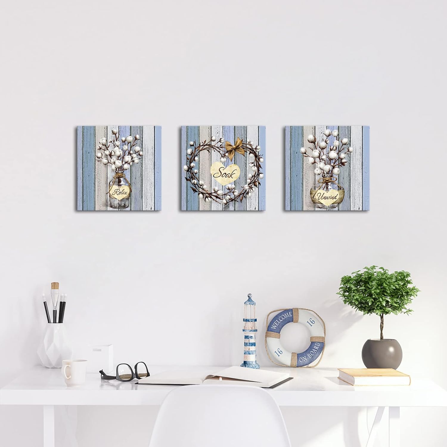 KLVOS Lienzo decorativo para pared, diseño de ramos de algodón blanco, moderno, enmarcado, decoración de pared para baño, cocina, hogar, decoración
