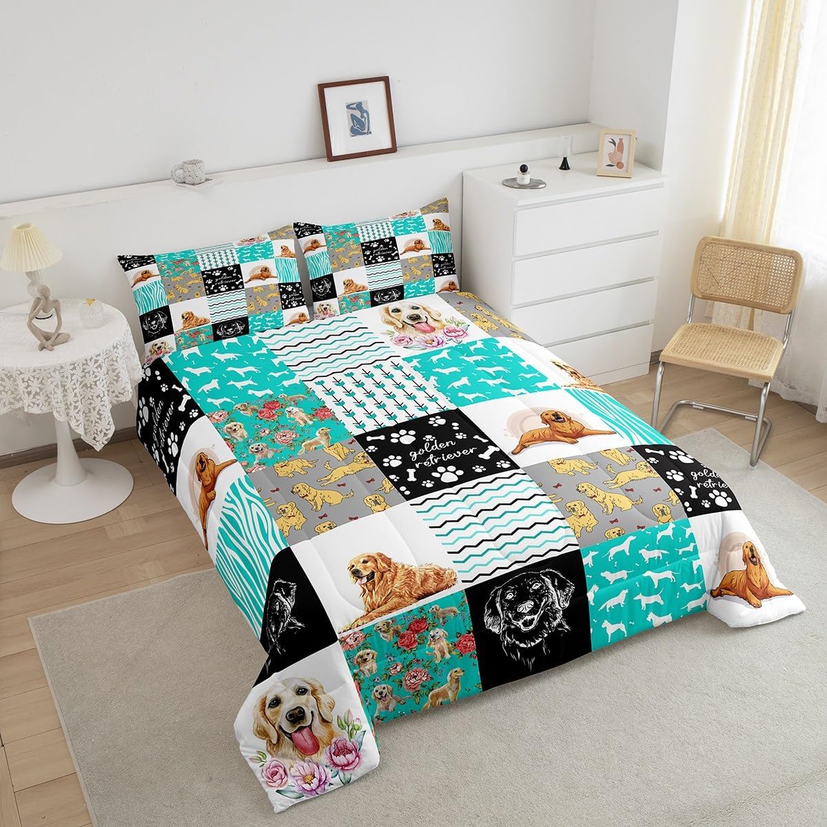 Lindo juego de edredón Golden Retriever para niños y niñas, preciosa ropa de cama para cachorros, tamaño individual, edredón Kawaii con patas de
