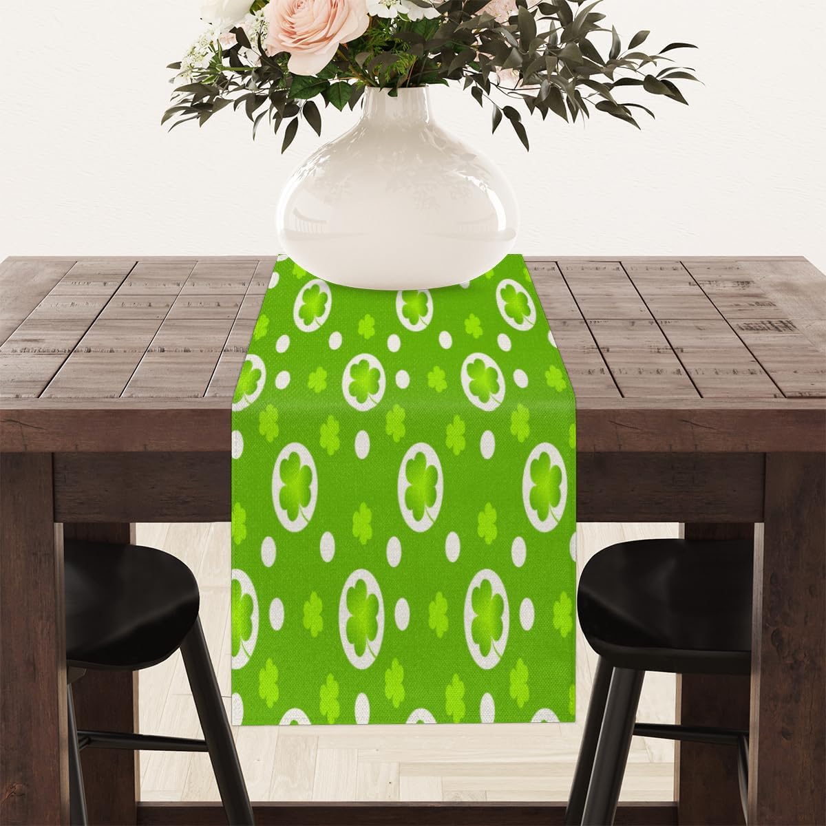 Table Runner St. Patrick’s Day Clover Pettern, Rustic Linen Table Cloth, Kitchen Dining Table Decoration for Home Party Decor 13 x 48 Inches