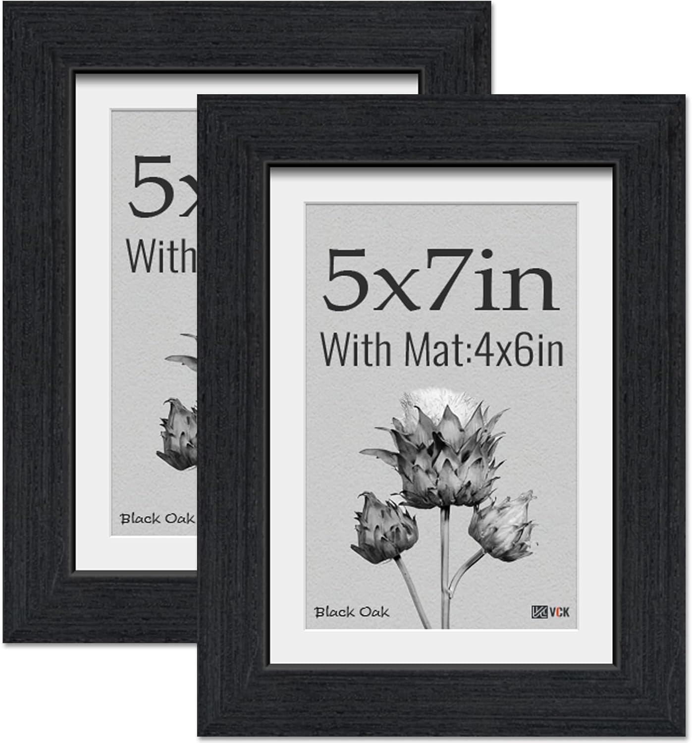 VCK Portarretratos de 5 x 7, 2 unidades, grano de madera natural, roble negro y vidrio HD, para fotos de 4 x 6 con paspartú o 5 x 7 sin paspartú,