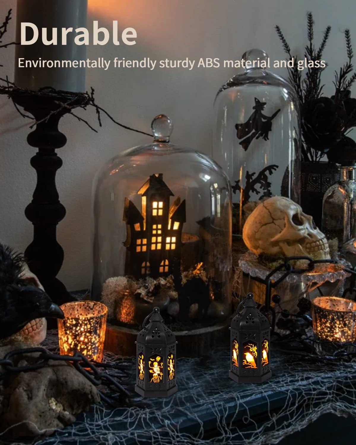 SHYMERY Halloween Lantern,Mini Lantern Decorative Lights with Flickering Candles,Glass Hanging LED Small Candle Lanterns Gifts for