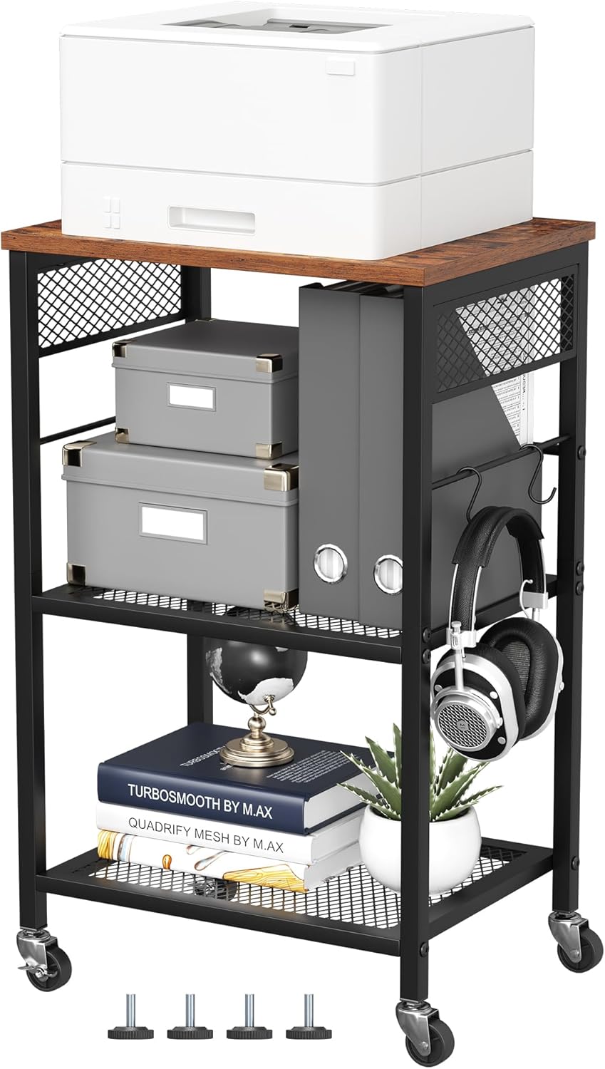 Soporte de impresora móvil de 3 niveles, carrito de impresora con ruedas y 2 ganchos, mesa de impresora rodante para el hogar, oficina, aula, color
