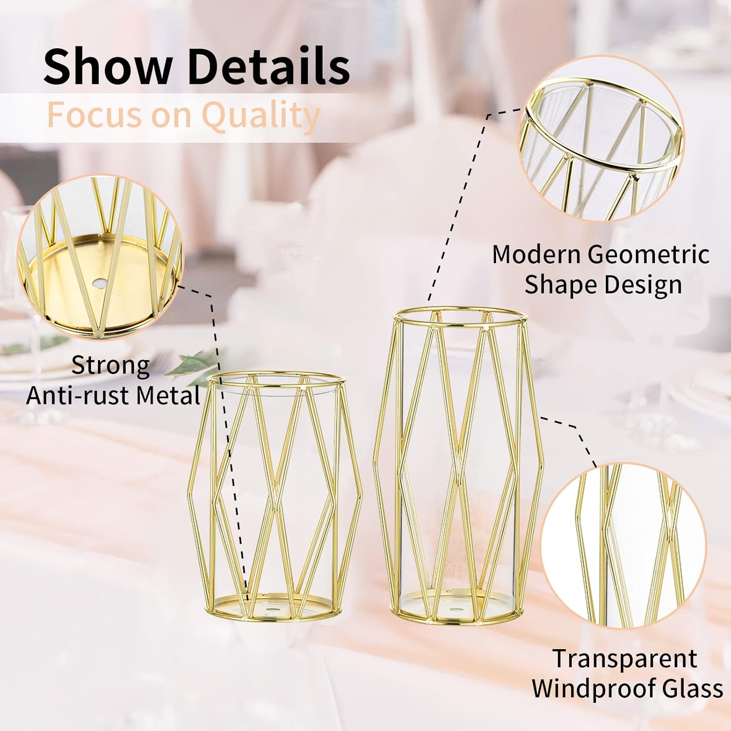 Nuptio Portavelas para velas de pilar, candelabros geométricos, jarrón dorado con cilindro de huracán de vidrio, doble uso para boda, fiesta de