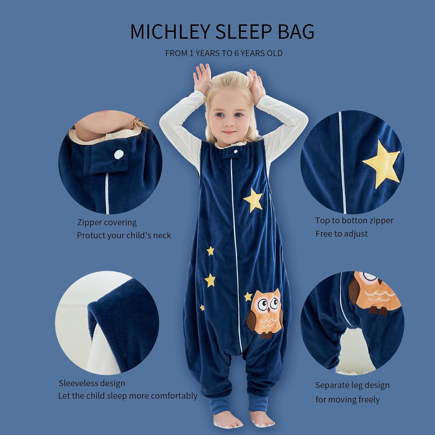 Mantas de bebé Saco de dormir de pierna dividida unisex de 1 a 6 años de edad, manta de poliéster para niños pequeños saco de dormir
