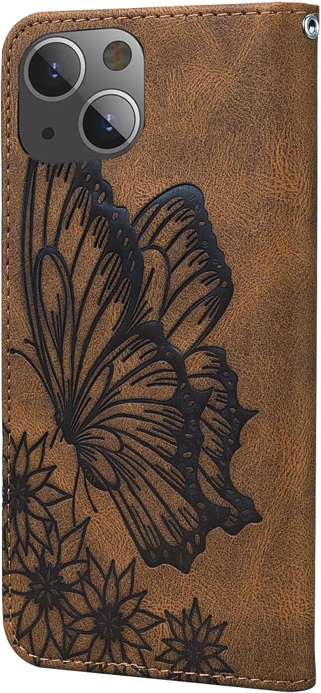 Funda tipo cartera compatible con iPhone 15, piel sintética, diseño de mariposa, funda de silicona suave con tarjetero y función atril, cierre
