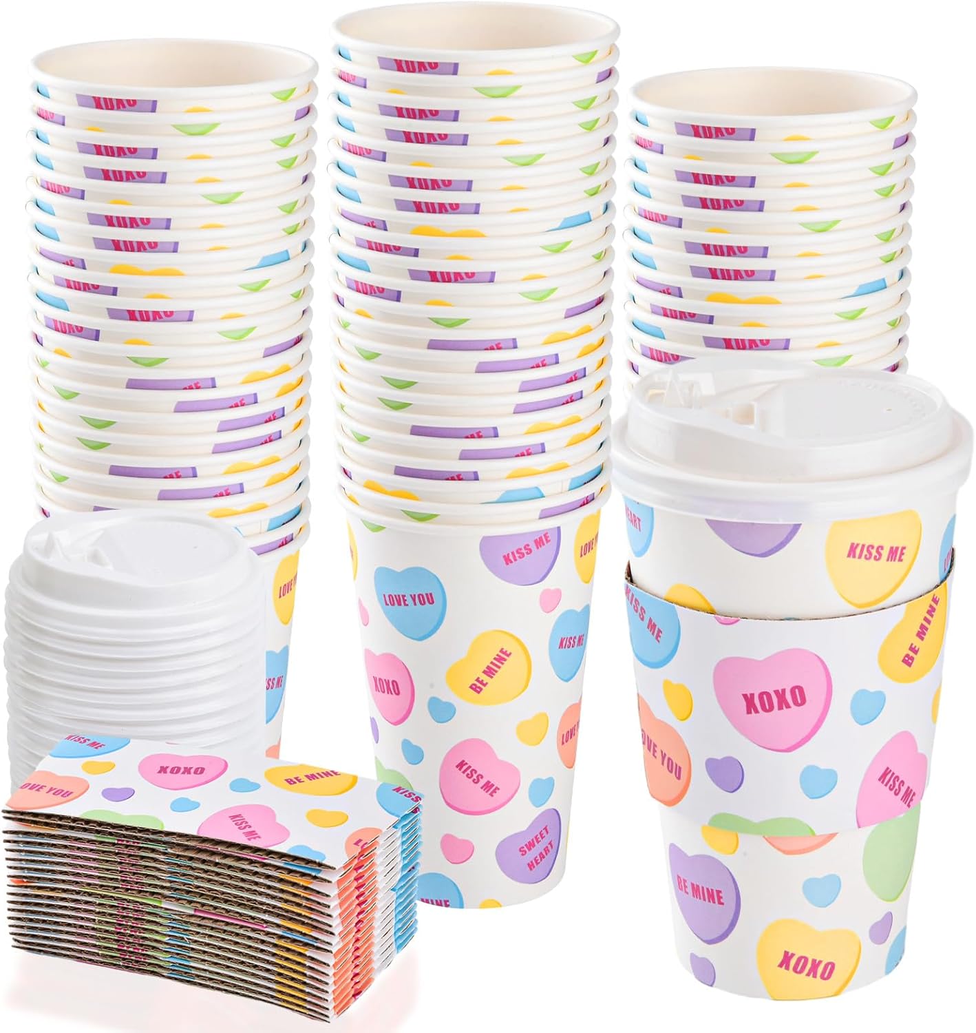 Paquete de 48 tazas de café desechables para el día de San Valentín de 16 onzas con tapas y fundas para conversación con corazones para llevar,