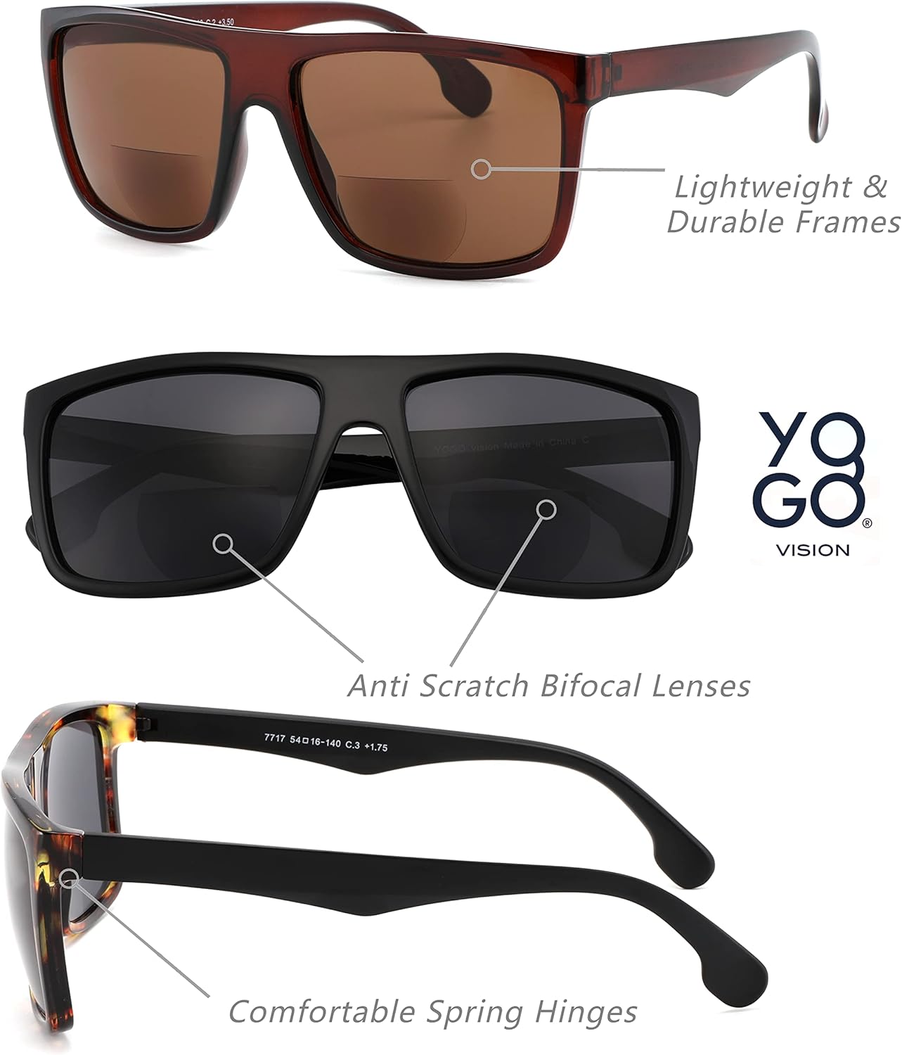 Yogo Vision Lentes de sol bifocales de lectura para hombres y mujeres, estilo retro, protección solar UV400, lentes de lectura para exteriores
