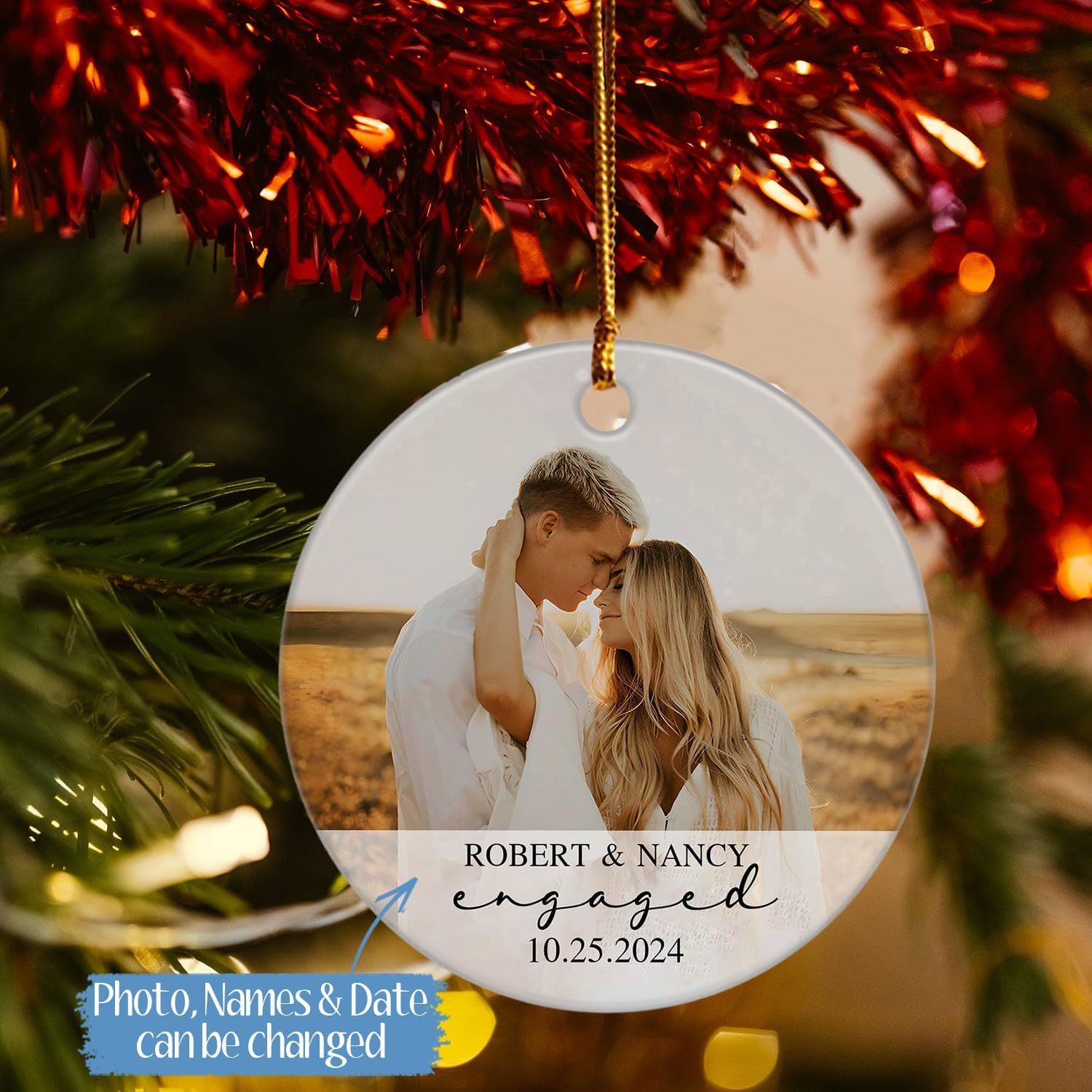 Adorno de recuerdo de pareja recién comprometida 2024, adorno de cerámica de Navidad de compromiso personalizado para parejas, regalo personalizado