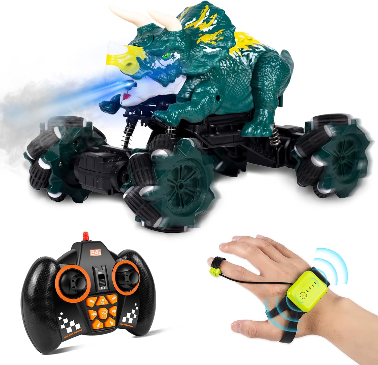 Auto de dinosaurio a control remoto, auto de control de gestos para niños, camiones RC controlados a mano con luz, sonido y aerosol de agua, camión
