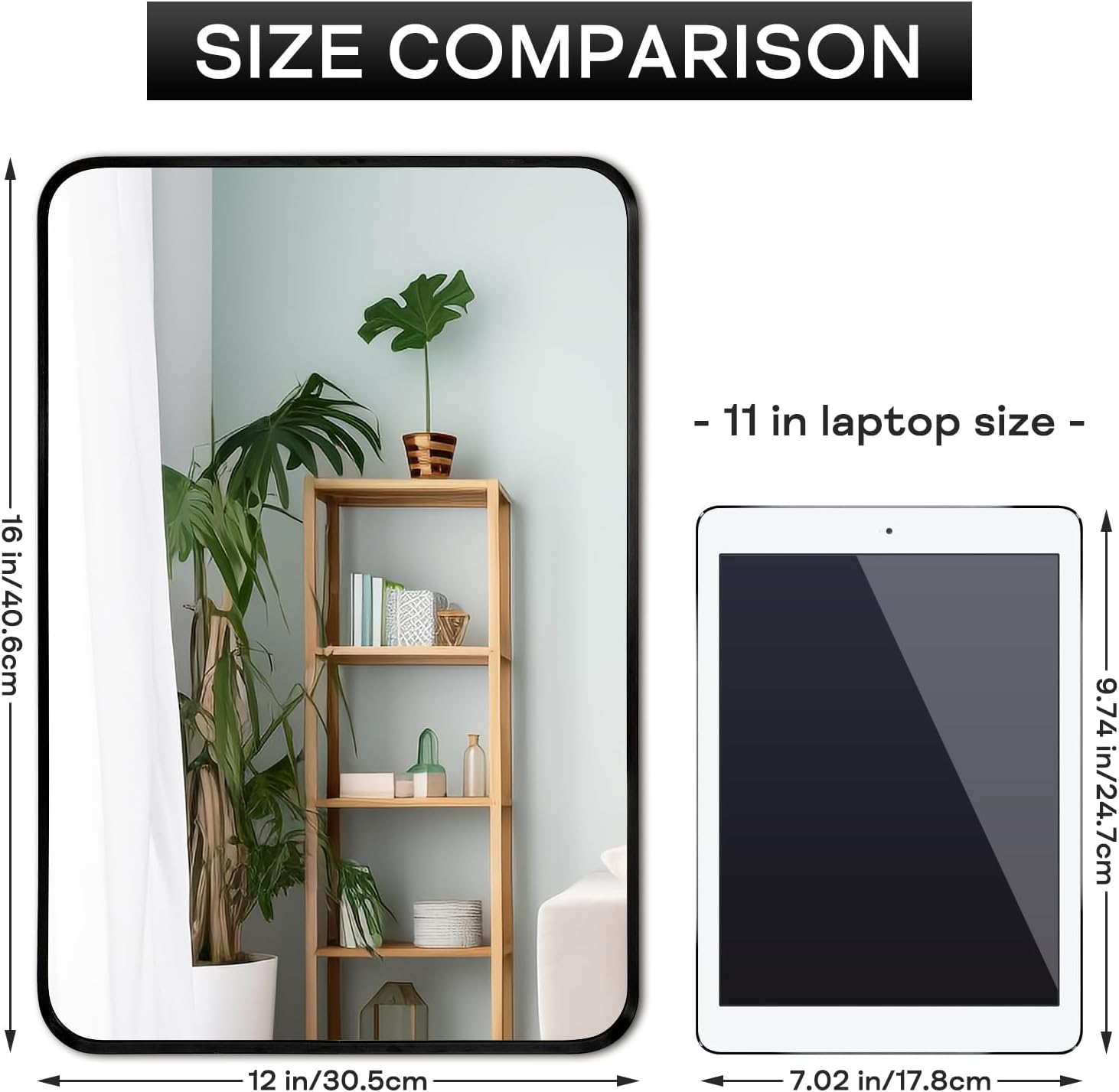 Espejo pequeño para montaje en pared, espejo rectangular de maquillaje de esquina redondeada con marco de metal negro cepillado para baño,
