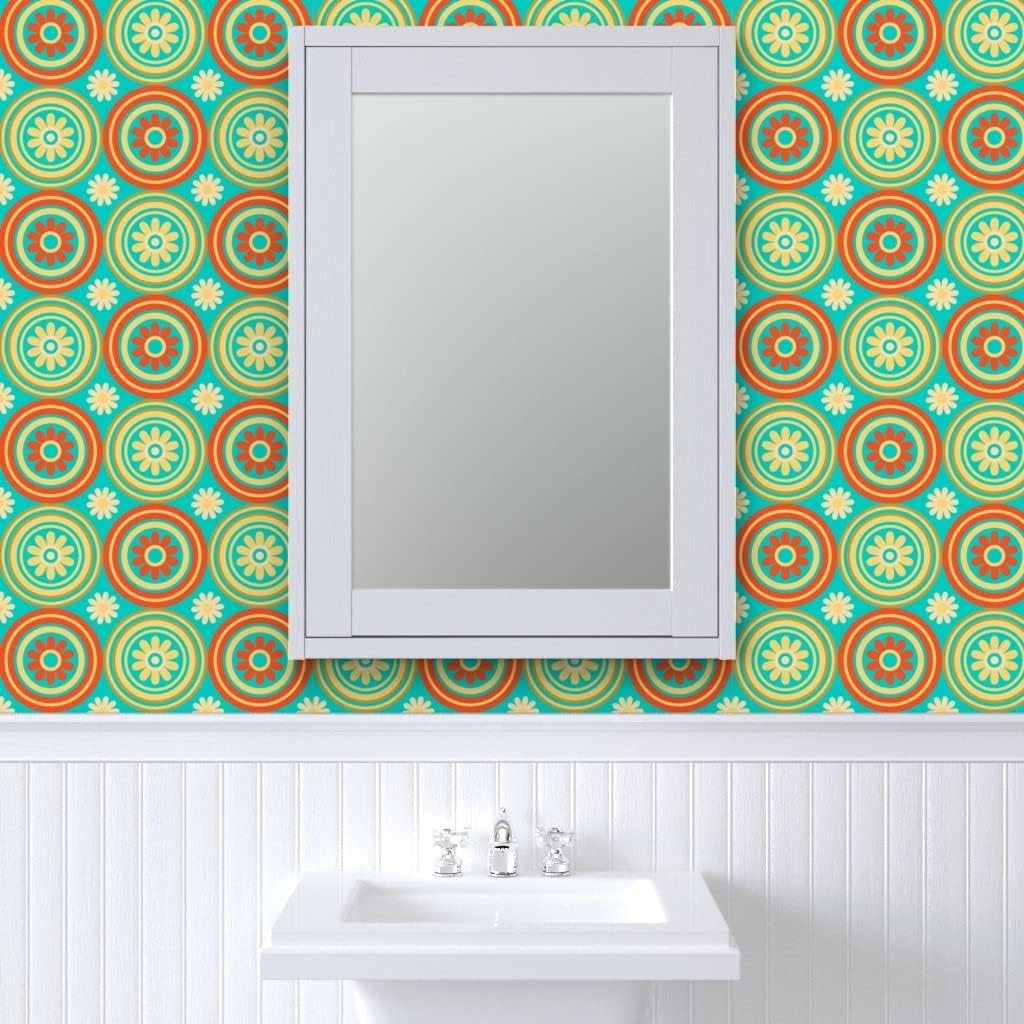 Spoonflower Peel & Stick Wallpaper 3ft x 2ft – Retro Floral Tile Circles Mid Century Midcentury Modern Turquoise Orange Yellow Vintage Geometric
