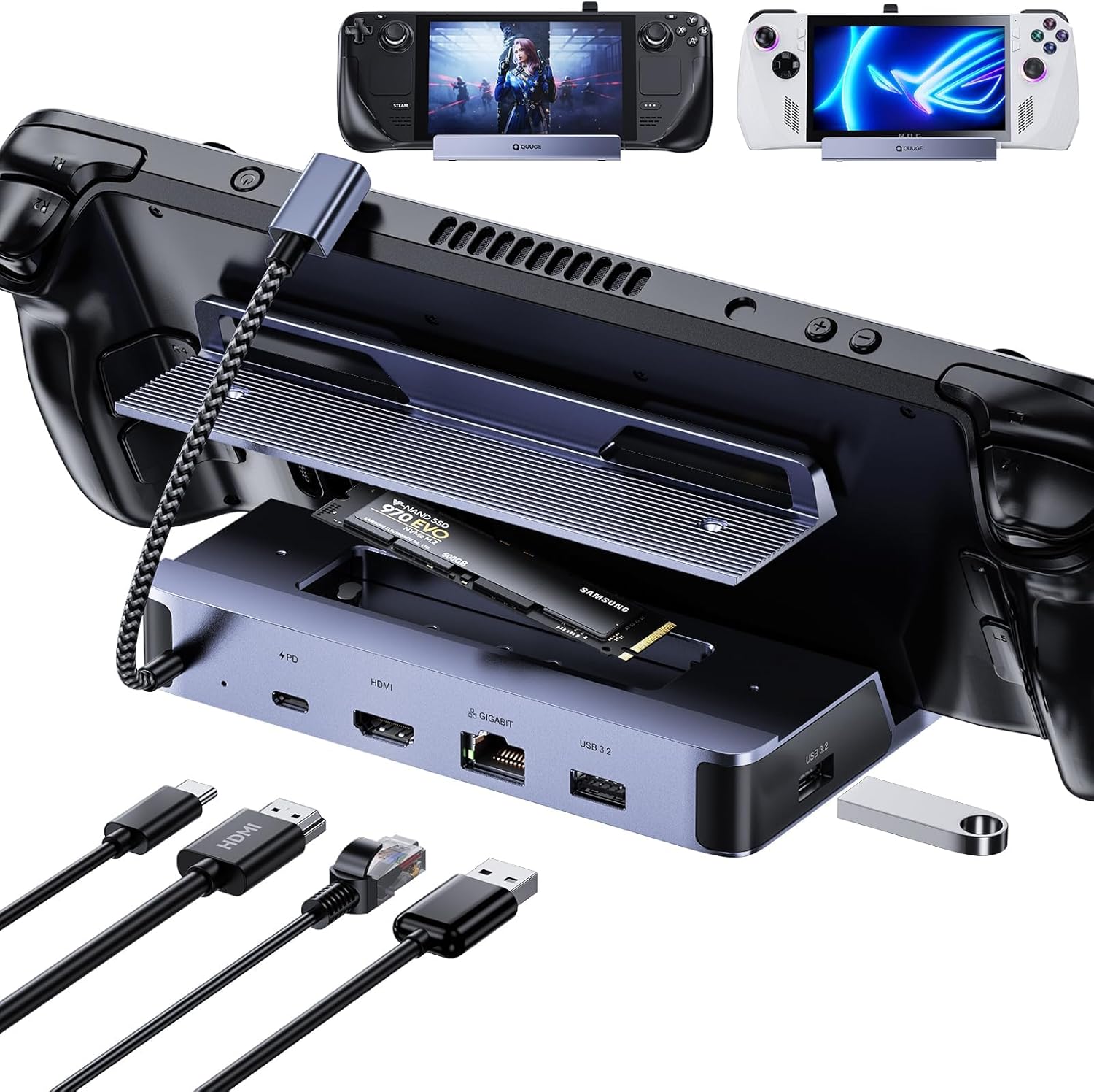 Base de vapor SSD, estación de acoplamiento 6 en 1 para Rog Ally con puertos USB A dobles de 10 Gpbs, HDMI 2.0 4K a 60 Hz, Ethernet de 1000 M,