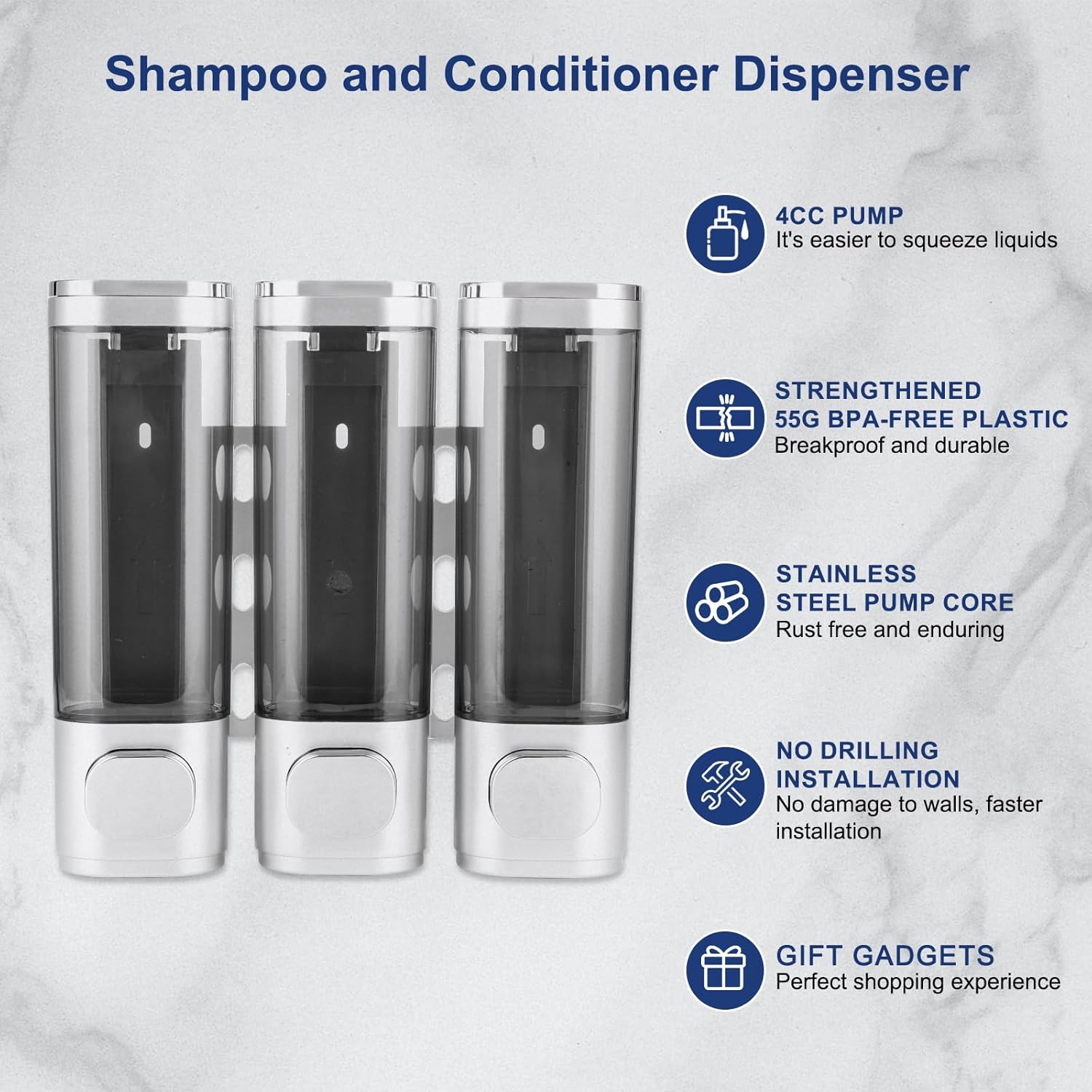6pcs Shampoo and Conditioner Dispenser No Drill Shower soap Dispenser Wall Mounted 3 Chamber for Bathroom, Kitchen,Hotel Pumps are Easy to use No