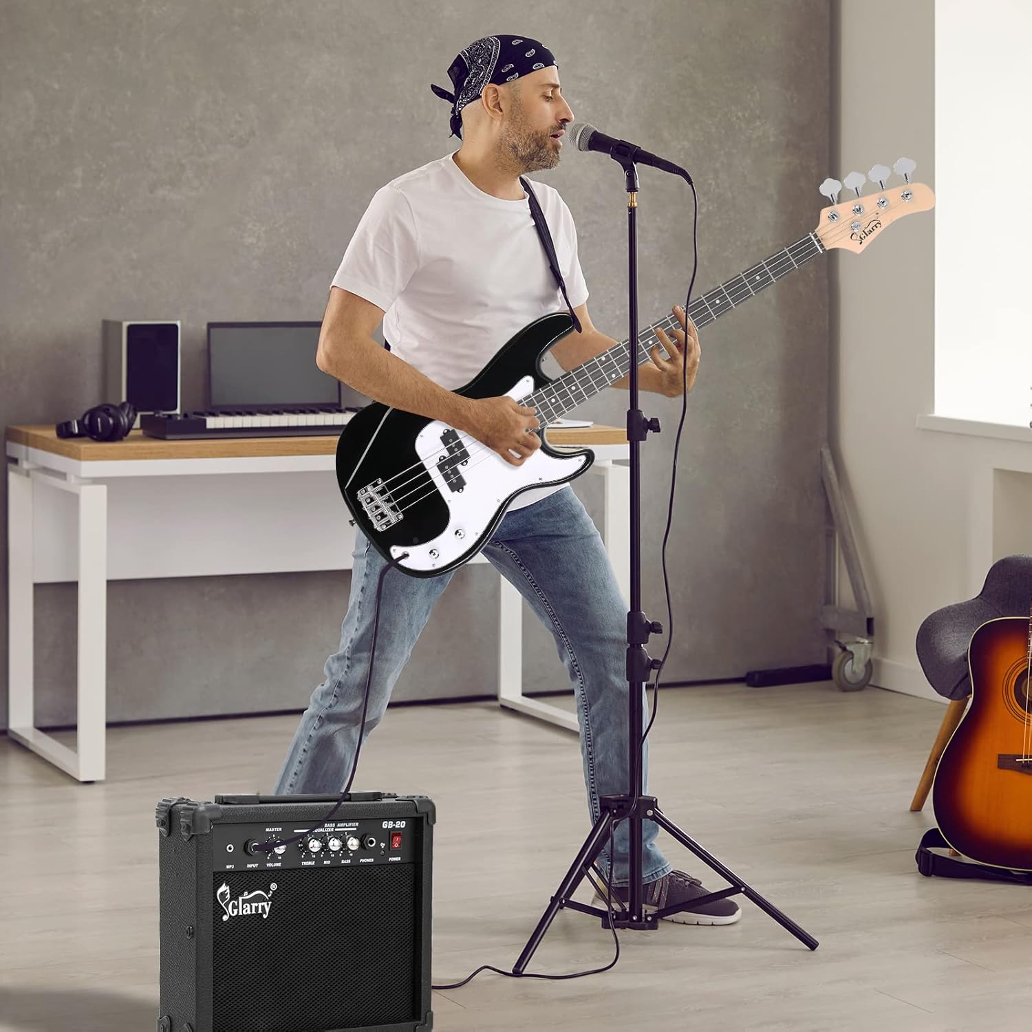 GLARRY Kit para principiantes de bajo eléctrico de tamaño completo de 4 cuerdas con AMP, cable, correa, bolsa y accesorios (negro)