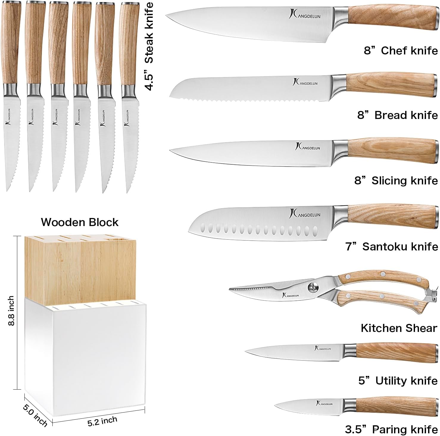 Kangdelun Natura Series – Juego de 14 bloques de cuchillos, acero inoxidable de alto carbono ultra afilado con mango de madera