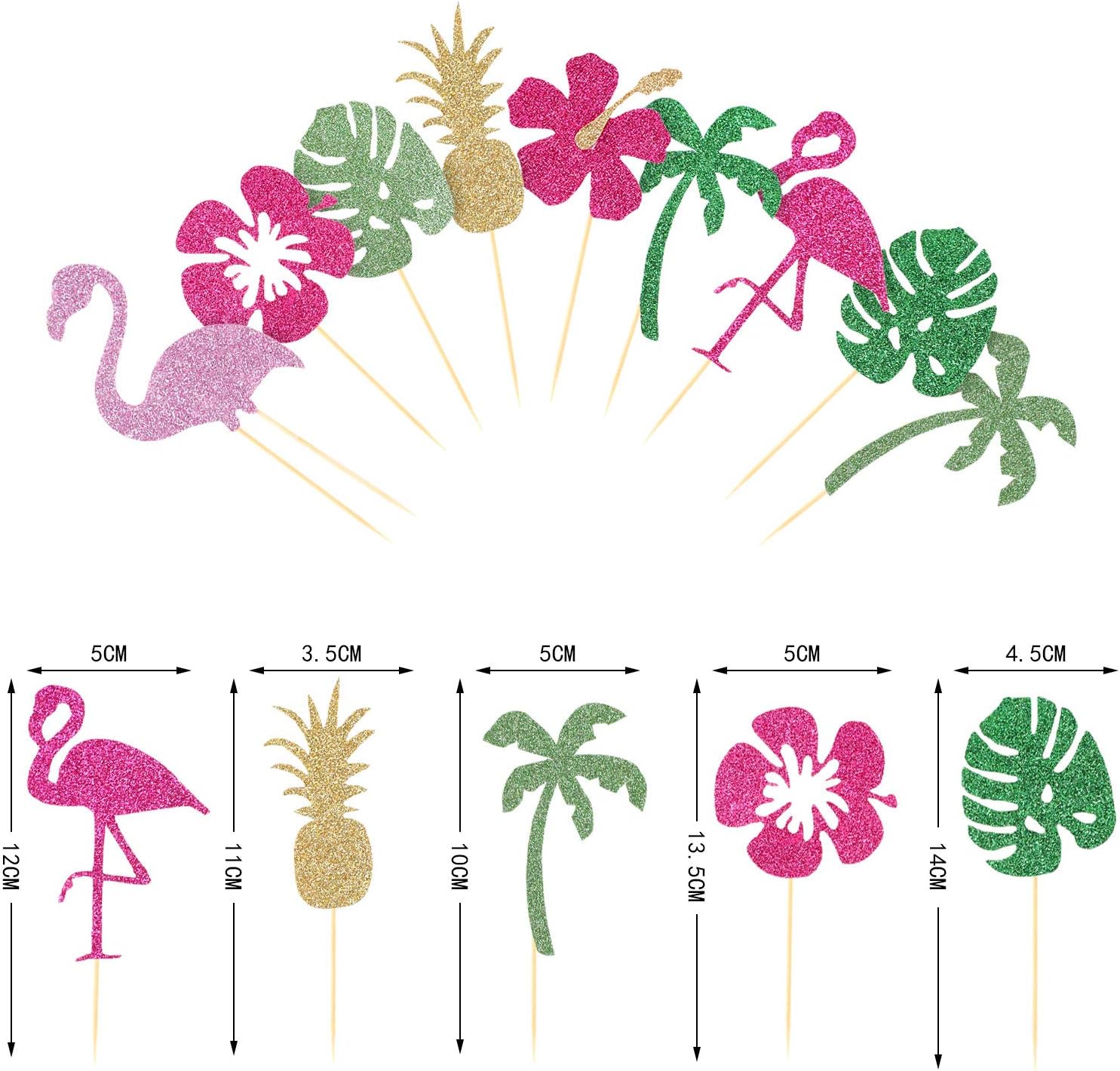 50 piezas tropicales hawaianas Luau Cupcake Toppers con purpurina Hawaii Cake Cocktail Palillo de dientes flamenco piña hibisco flores hojas de