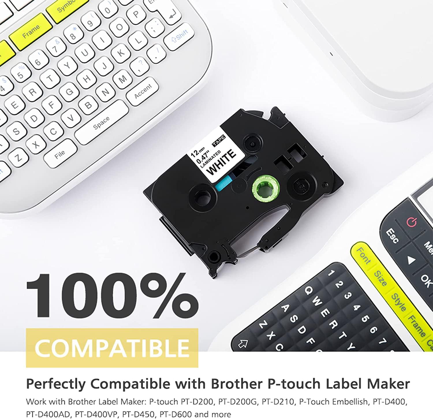 Cinta de repuesto para rotuladora Brother P Touch TZe TZ, cinta de etiquetas blancas laminadas de 0.47 pulgadas 0.47 compatible con Brother P-Touch
