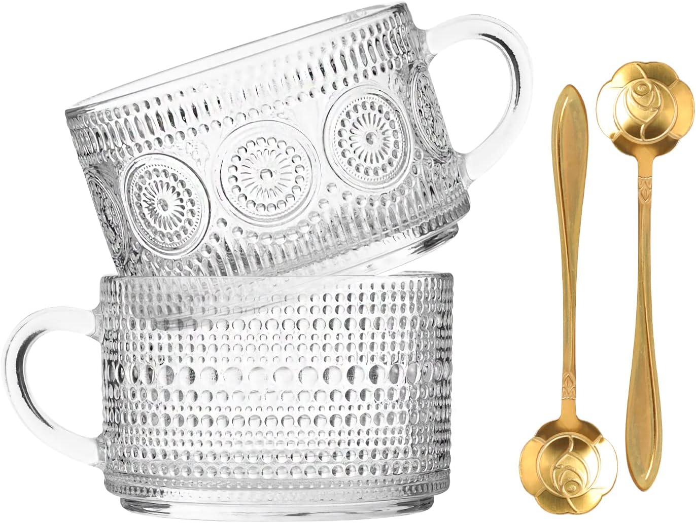 MCleanPin Juego de tazas de café de vidrio vintage, tazas de té transparentes en relieve de 14 onzas, tazas de café con leche, tazas de café para