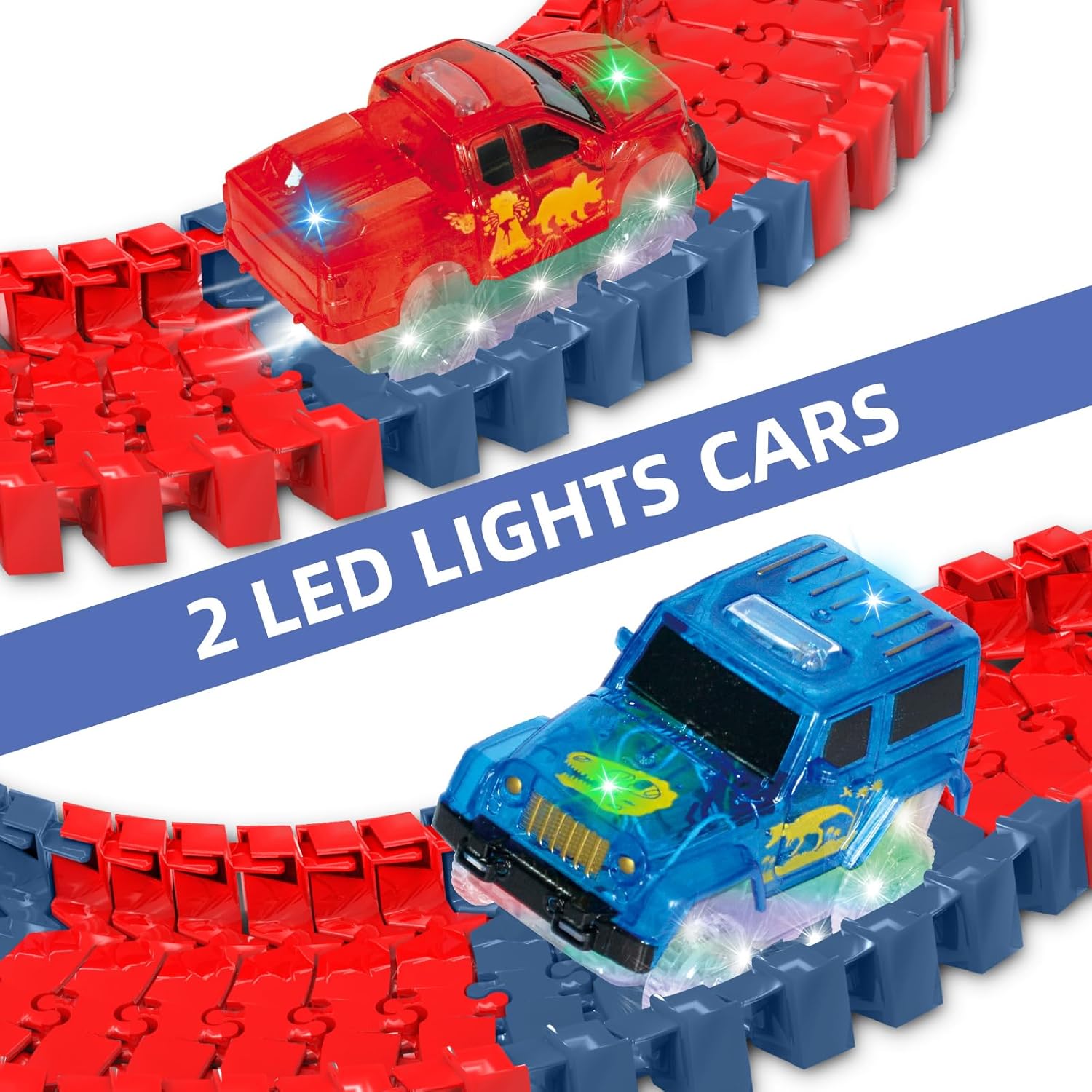 Pista de autos de carreras de dinosaurios para niños pequeños, niñas, niños, pista flexible con 2 autos con luz LED para niños de 3, 4, 5, 6 años en