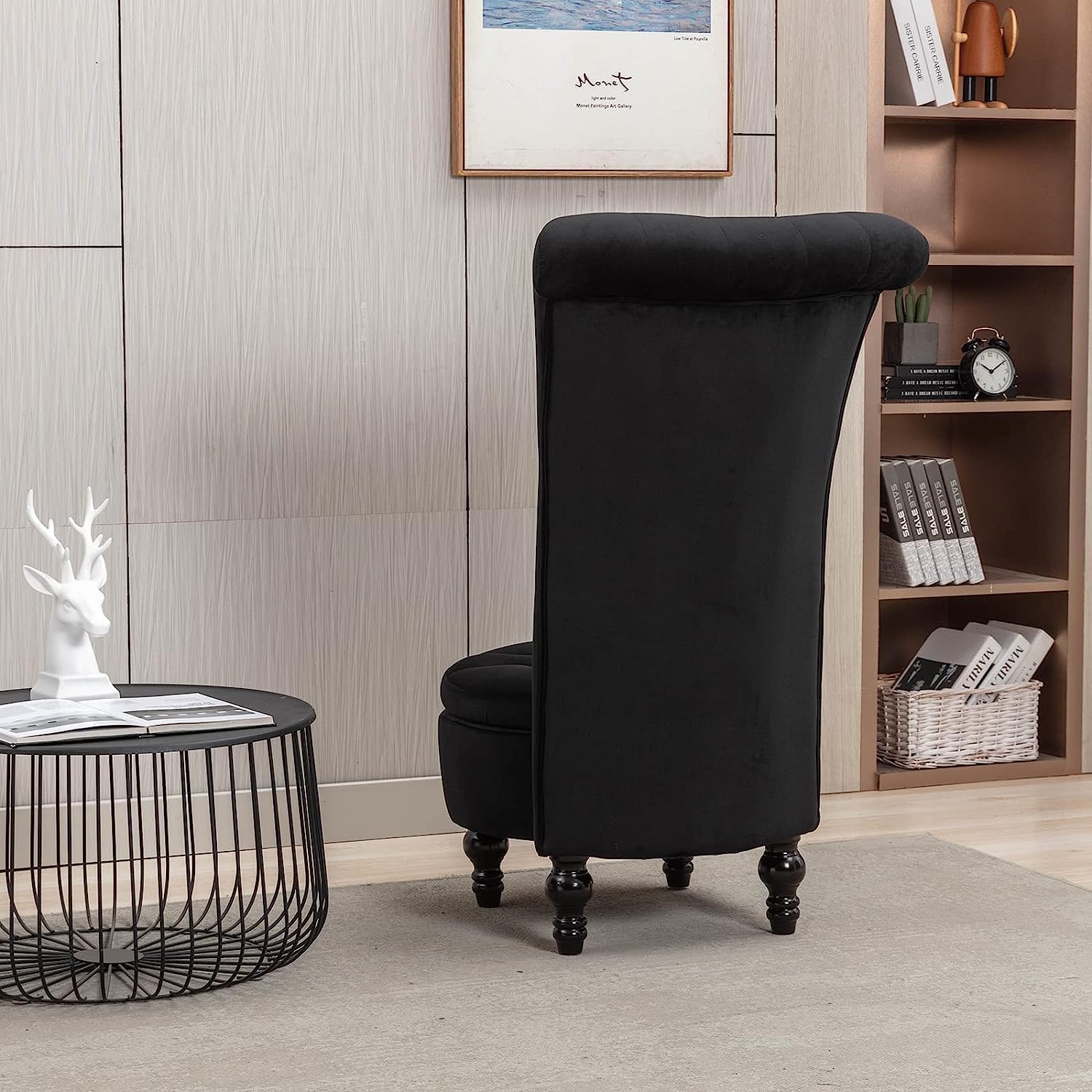 Icoget Silla gótica Queen of Thrones, silla de terciopelo negro con respaldo alto con botones acolchonados, silla decorativa sin brazos con espacio