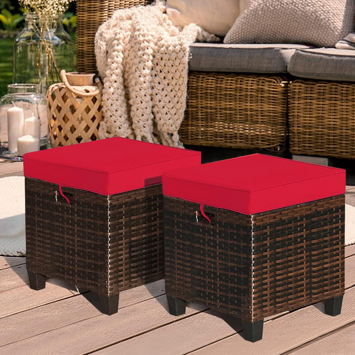 HAPPYGRILL Juego de 2 piezas otomanas de mimbre de ratán para exteriores, con cojines extraíbles, muebles de patio, reposapiés, asiento para