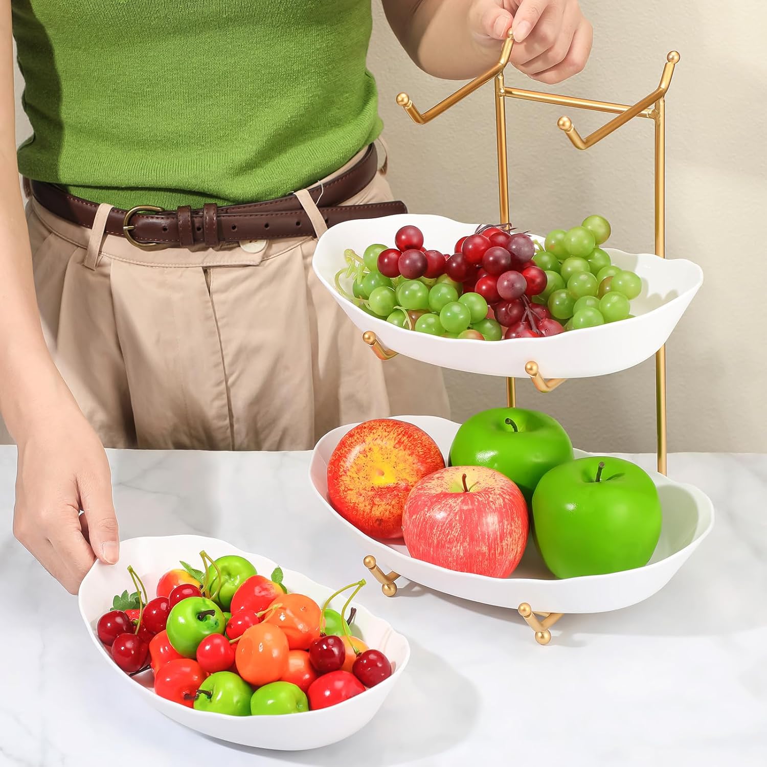 Xuhal Frutero acrílico de 3 niveles con estante de metal, cuencos decorativos para servir verduras, soporte de frutas y frutos secos, soporte de
