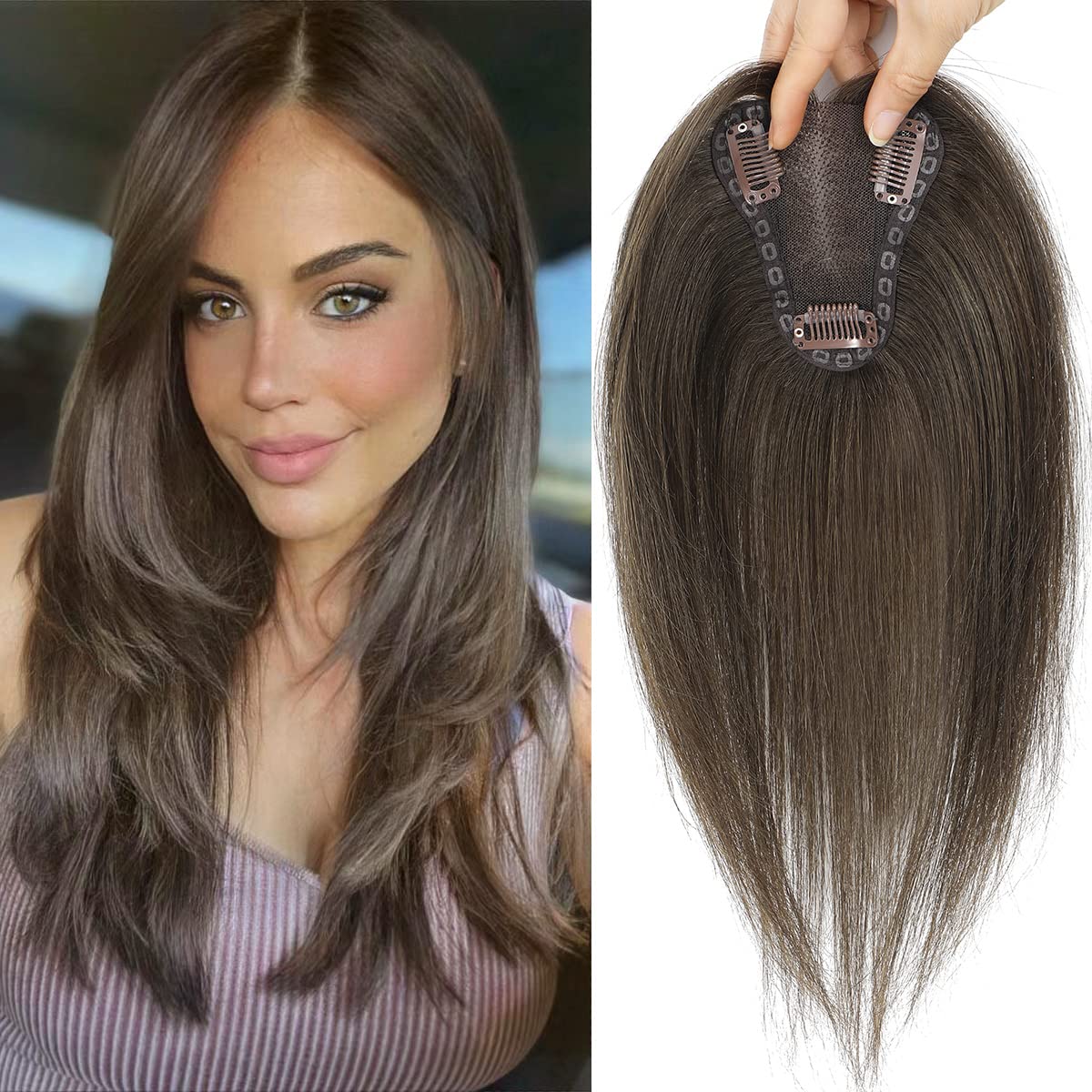 Toppers de cabello para mujer, cabello humano real, sin flequillo, extensiones de cabello para adelgazar, base de encaje mejorada, toppers de