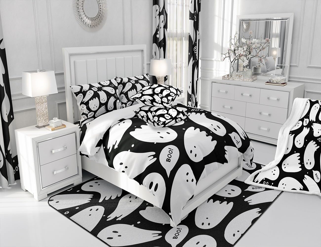Juego de ropa de cama de Halloween, tamaño matrimonial, juego de edredón de fantasmas de dibujos animados para niños y niñas, lindo edredón kawaii