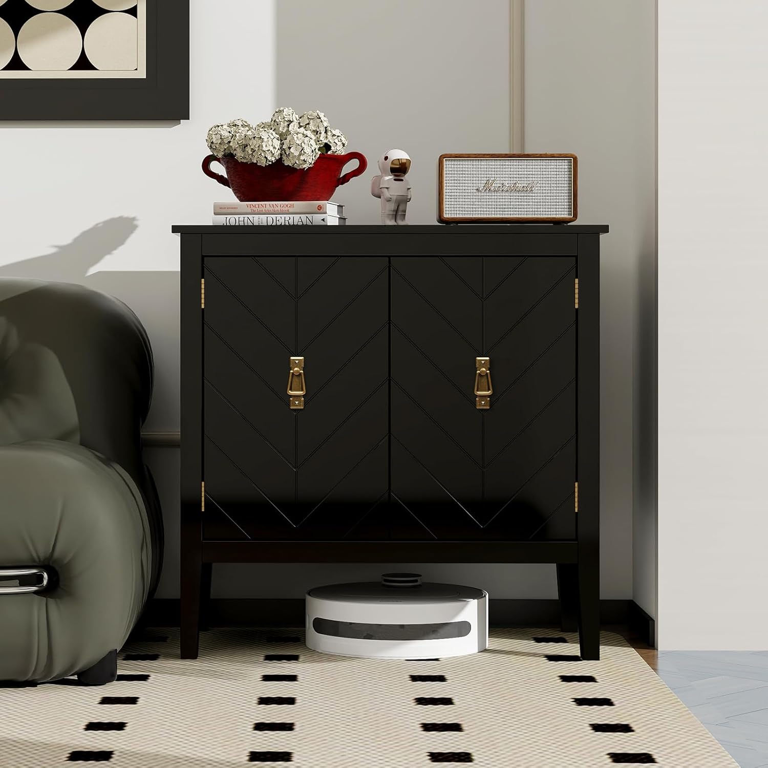 Aparador de ratán de 2 puertas – Armario de buffet con almacenamiento, armario de almacenamiento de acento, creenza de madera bohemia para sala de