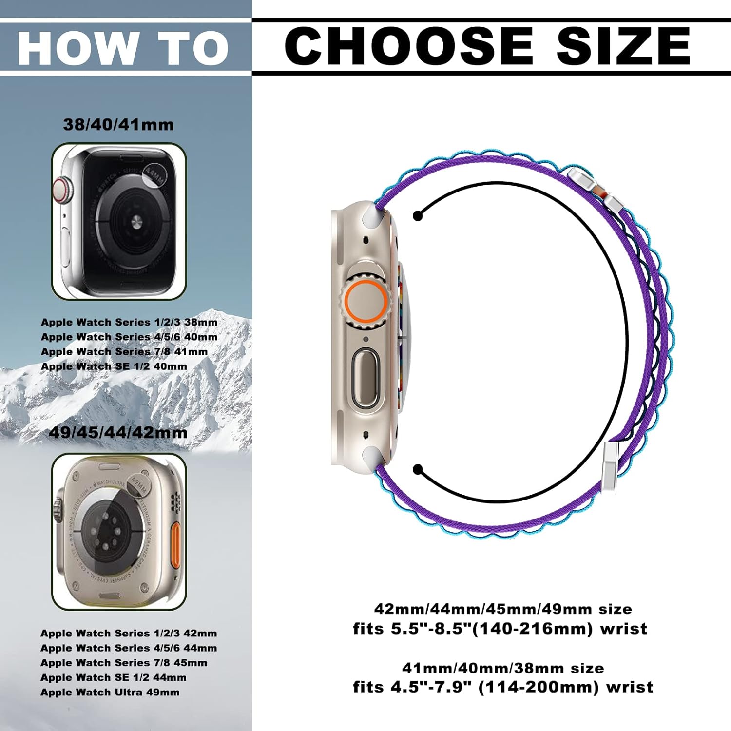 Diseño mejorado Alpine Loop compatible con Apple Watch UltraUltra2 1.929 in 1.772 in 1.732 in 1.654 in 1.614 in 1.575 in 1.496 in nailon ajustable