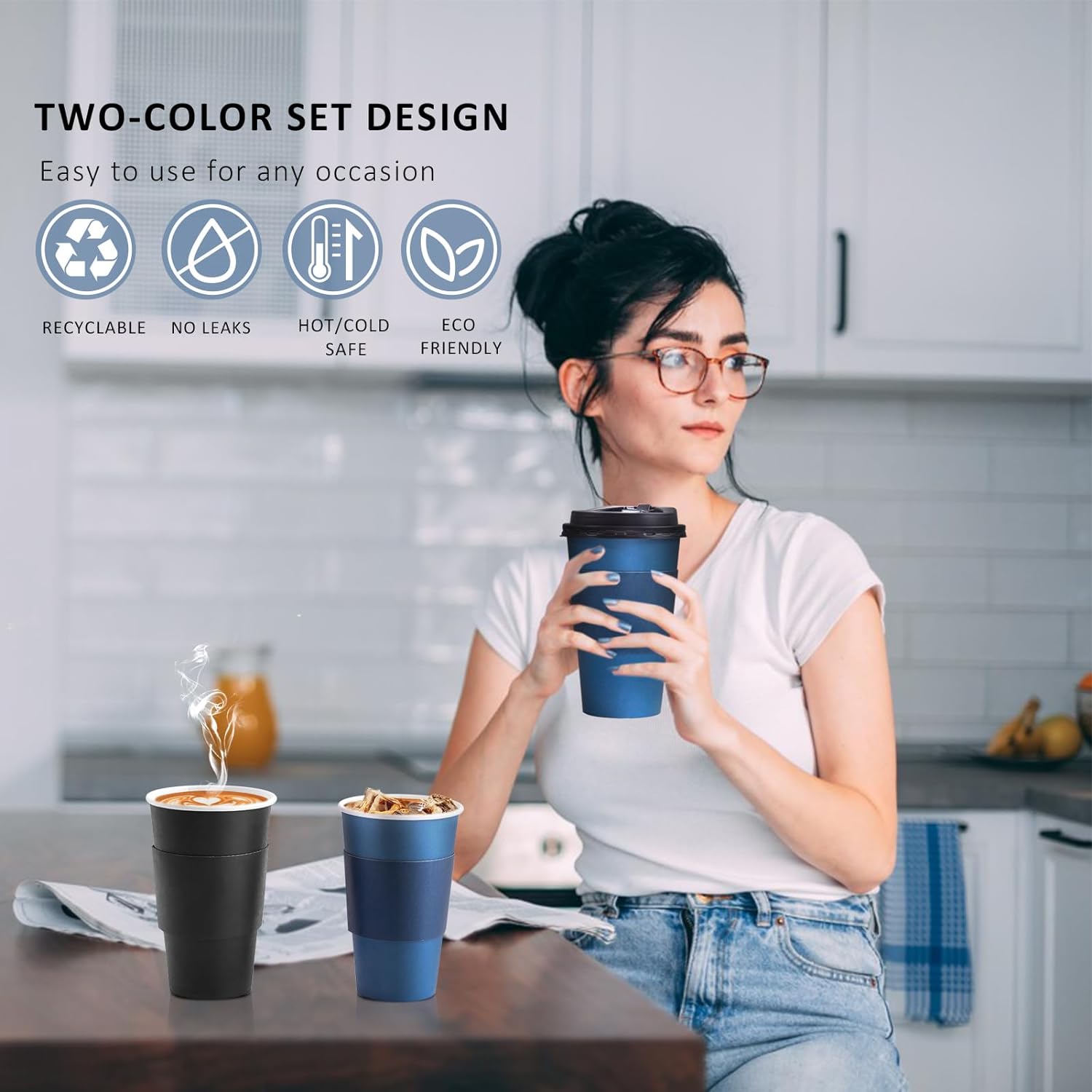 SIUQ Paquete de 100 tazas de café desechables de 16 onzas con tapas y mangas, vasos de papel para bebidas calientes y frías, café, agua, chocolate