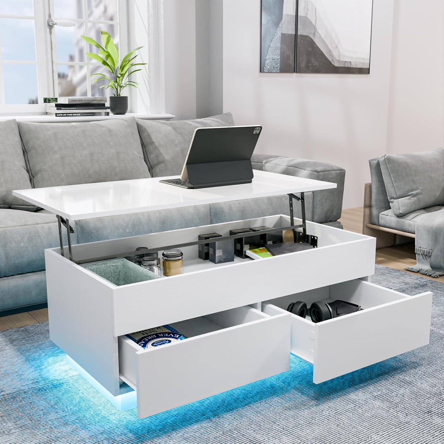 HOMMPA Morden – Mesa de centro elevable con almacenamiento oculto, mesa de centro LED de alto brillo, mesa de té de 3 niveles con mesas centrales de