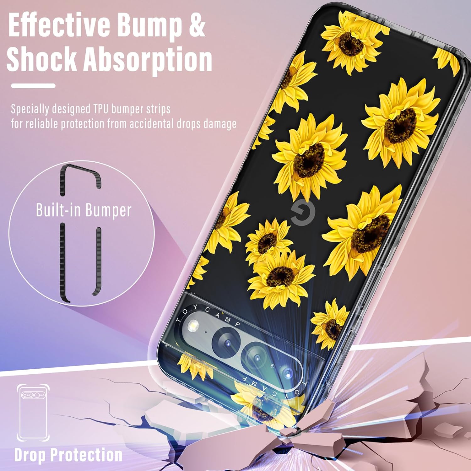 Toycamp Funda para Pixel 7 Pro con soporte para anillos, bonita funda retro de diseño floral de girasol de dibujos animados, a prueba de golpes para